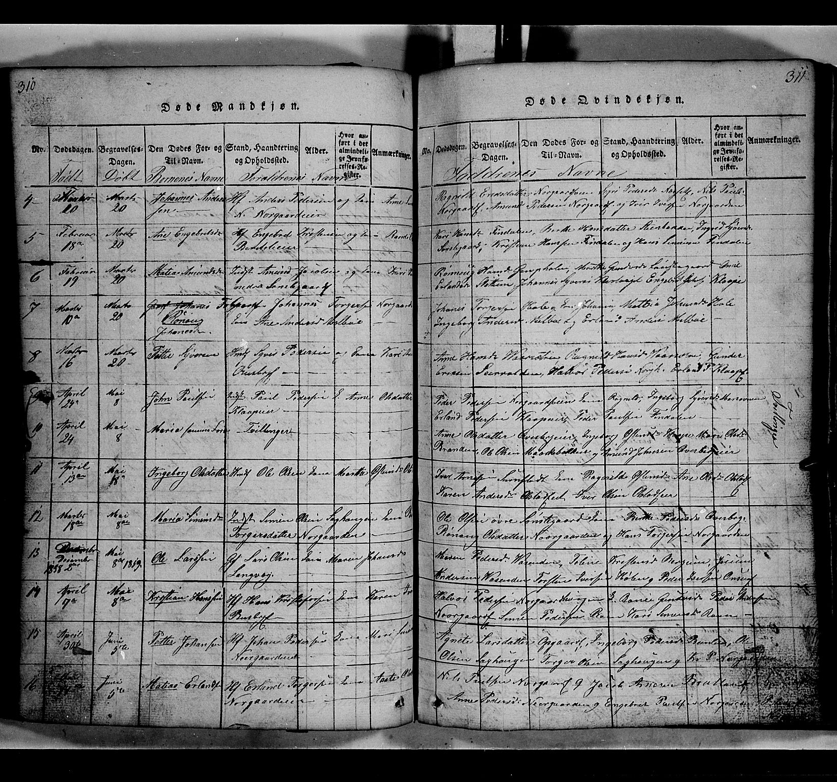 Gausdal prestekontor, SAH/PREST-090/H/Ha/Hab/L0002: Parish register (copy) no. 2, 1818-1874, p. 310-311