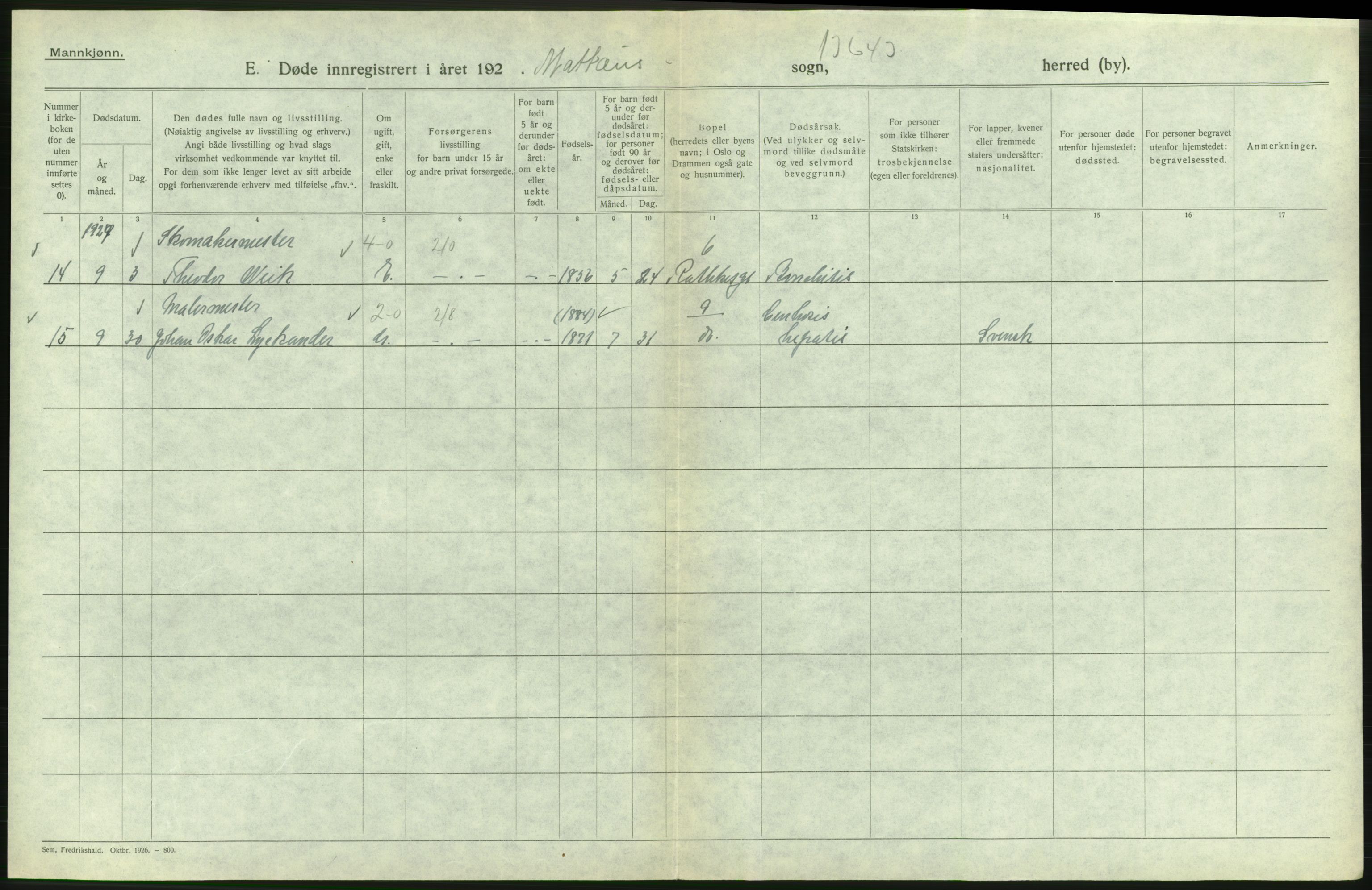 Statistisk sentralbyrå, Sosiodemografiske emner, Befolkning, RA/S-2228/D/Df/Dfc/Dfcg/L0009: Oslo: Døde menn, 1927, p. 314