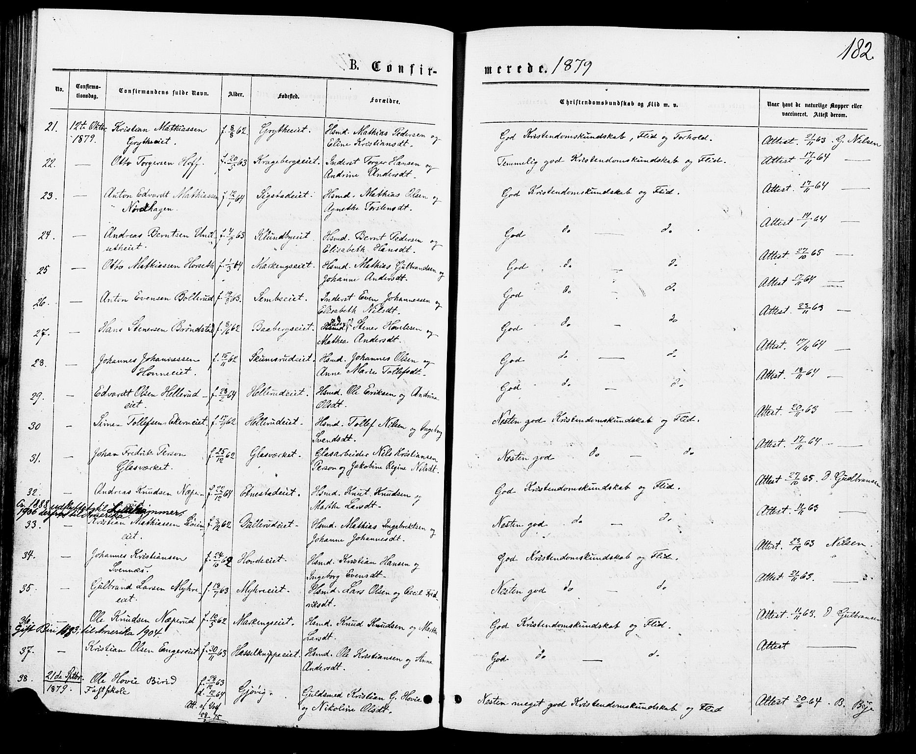 Biri prestekontor, AV/SAH-PREST-096/H/Ha/Haa/L0006: Parish register (official) no. 6, 1877-1886, p. 182