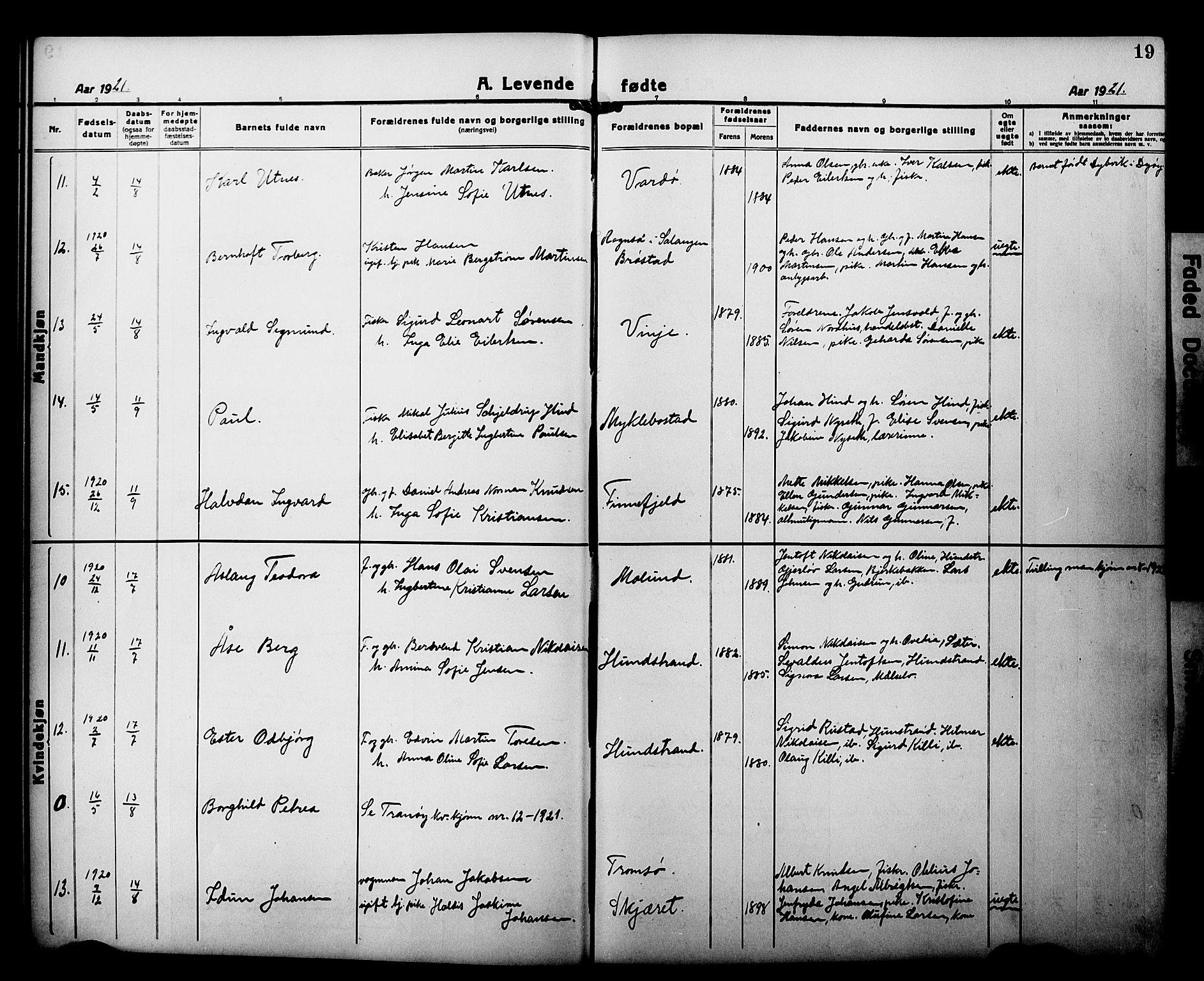 Tranøy sokneprestkontor, AV/SATØ-S-1313/I/Ia/Iab/L0015klokker: Parish register (copy) no. 15, 1918-1930, p. 19