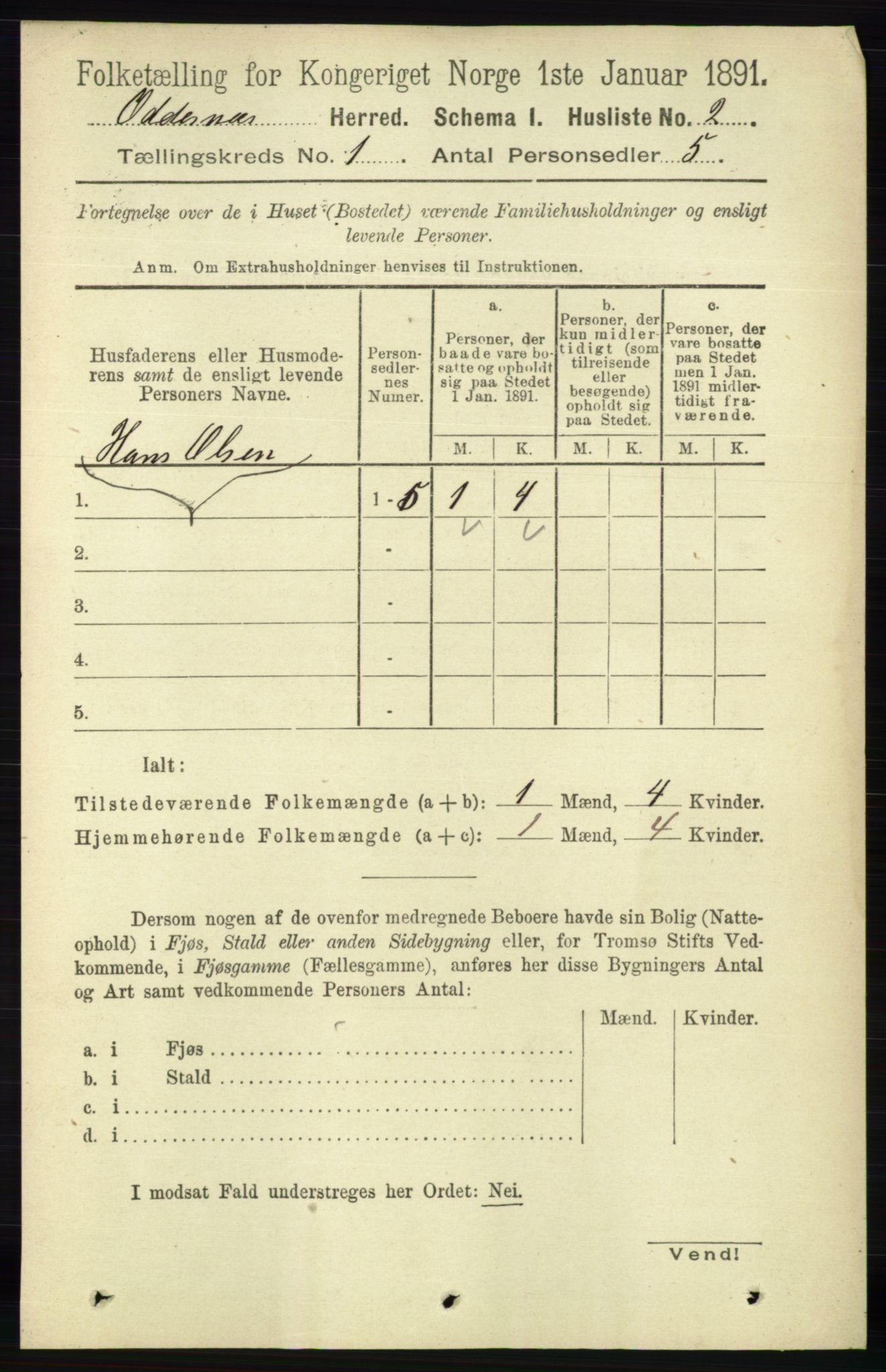 RA, 1891 census for 1012 Oddernes, 1891, p. 39