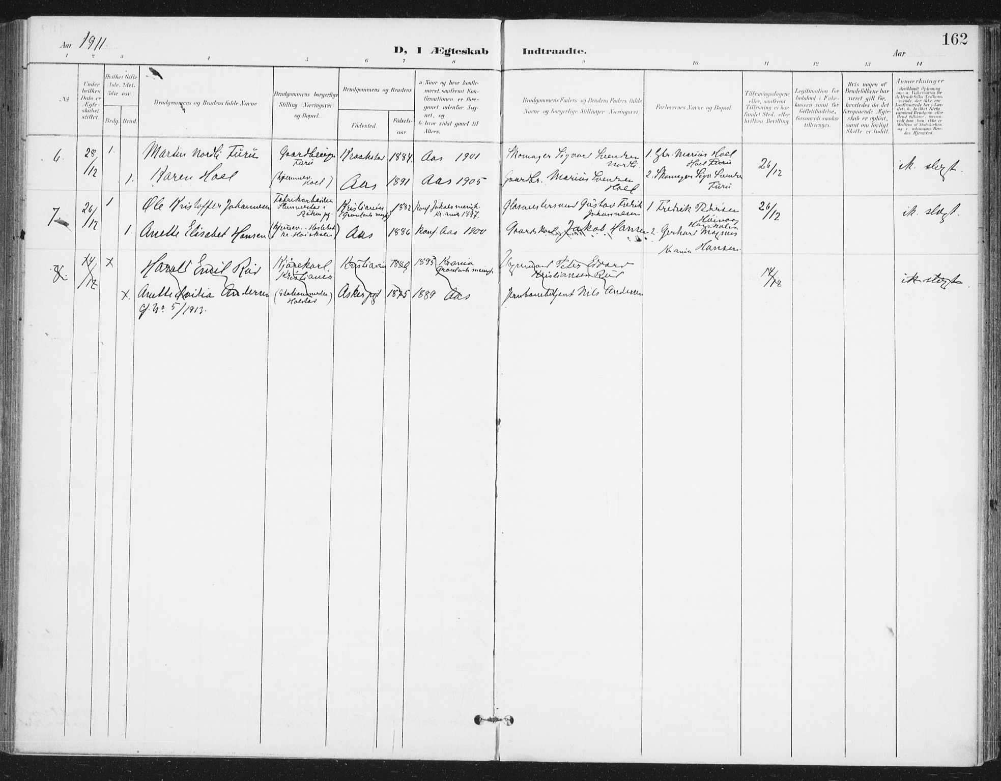 Ås prestekontor Kirkebøker, AV/SAO-A-10894/F/Fa/L0010: Parish register (official) no. I 10, 1900-1918, p. 162