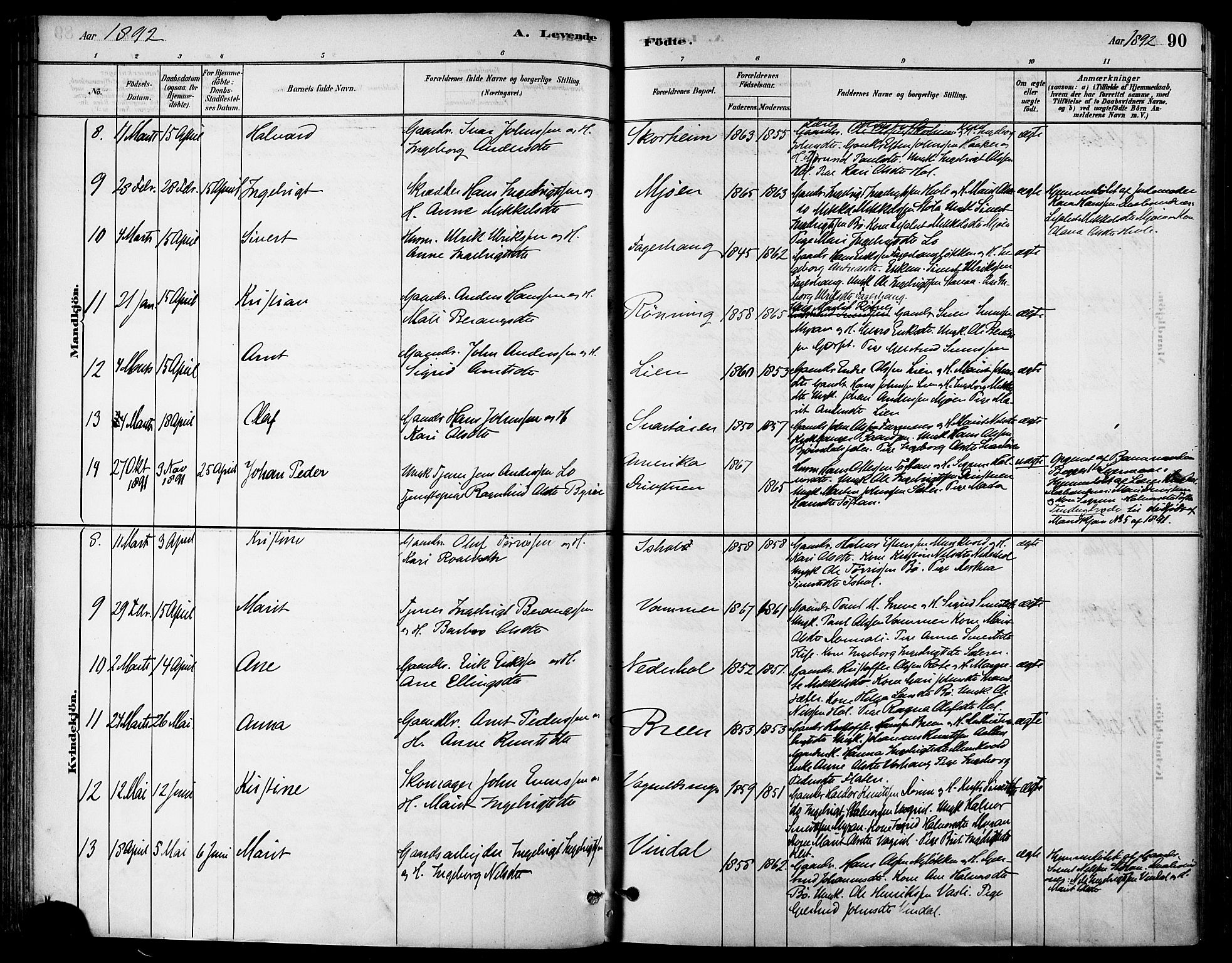 Ministerialprotokoller, klokkerbøker og fødselsregistre - Sør-Trøndelag, SAT/A-1456/678/L0901: Parish register (official) no. 678A10, 1881-1894, p. 90