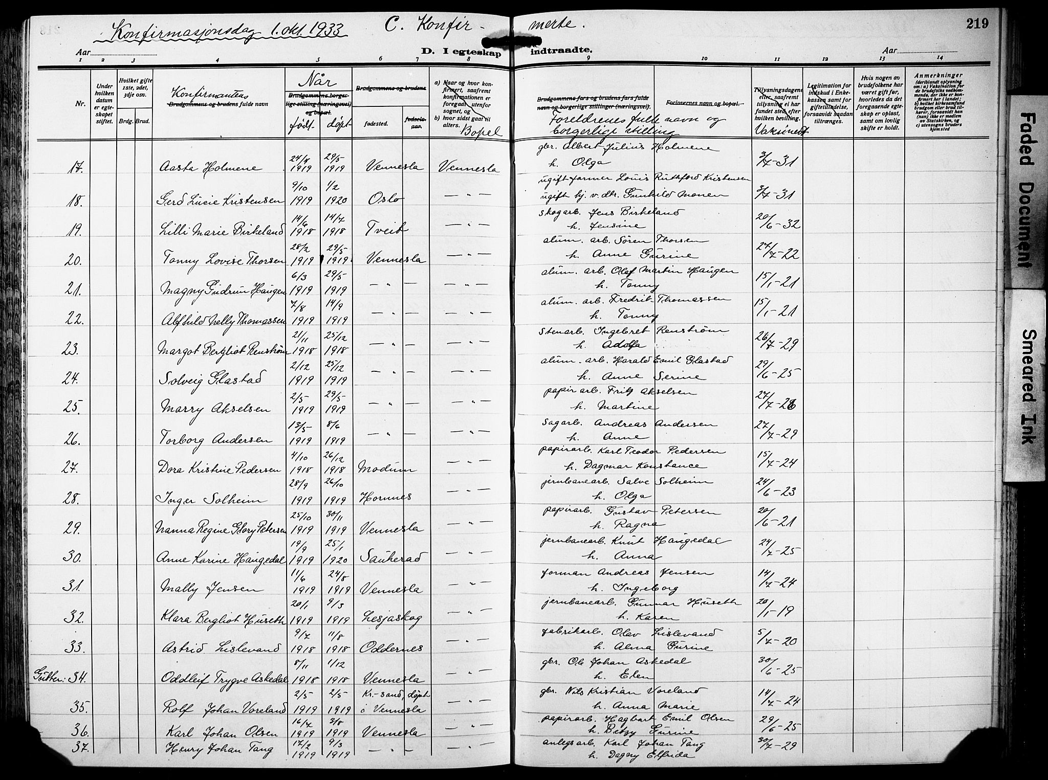 Vennesla sokneprestkontor, AV/SAK-1111-0045/Fb/Fbb/L0007: Parish register (copy) no. B 7, 1922-1933, p. 219