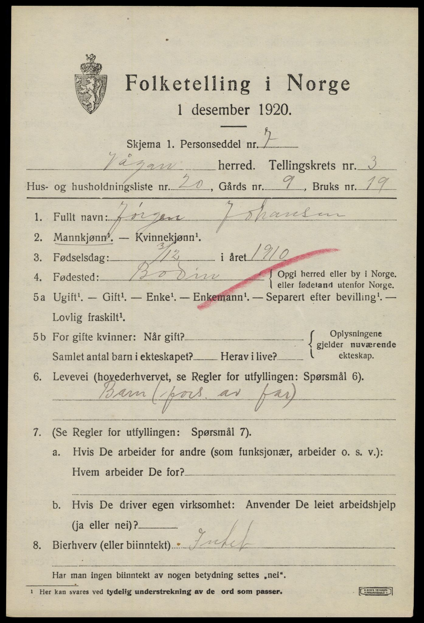 SAT, 1920 census for Vågan, 1920, p. 2831