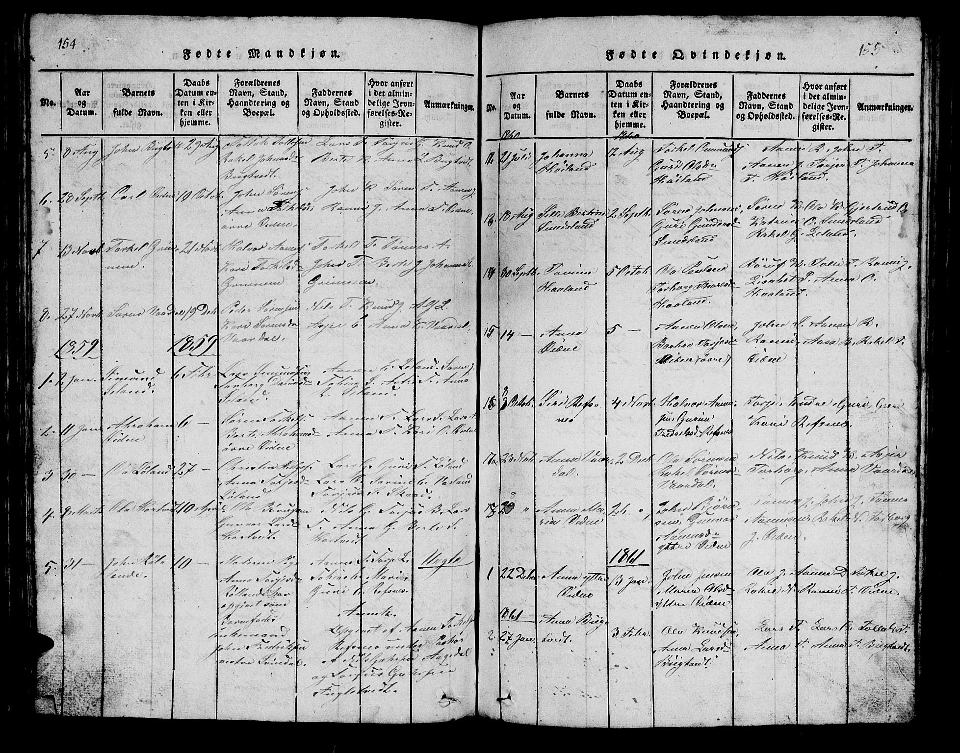 Bjelland sokneprestkontor, AV/SAK-1111-0005/F/Fb/Fbc/L0001: Parish register (copy) no. B 1, 1815-1870, p. 154-155