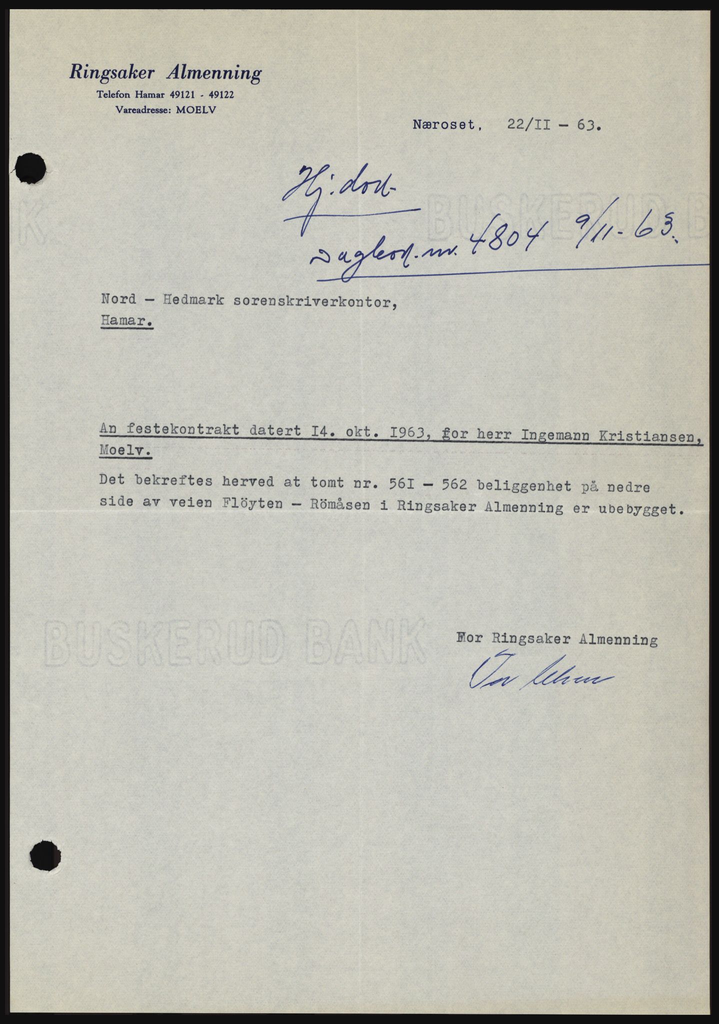 Nord-Hedmark sorenskriveri, SAH/TING-012/H/Hc/L0019: Mortgage book no. 19, 1963-1964, Diary no: : 4804/1963