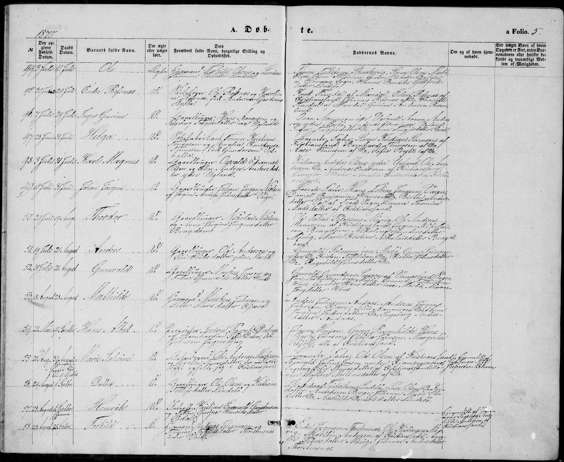 Oddernes sokneprestkontor, AV/SAK-1111-0033/F/Fb/Fba/L0007: Parish register (copy) no. B 7, 1869-1887, p. 5