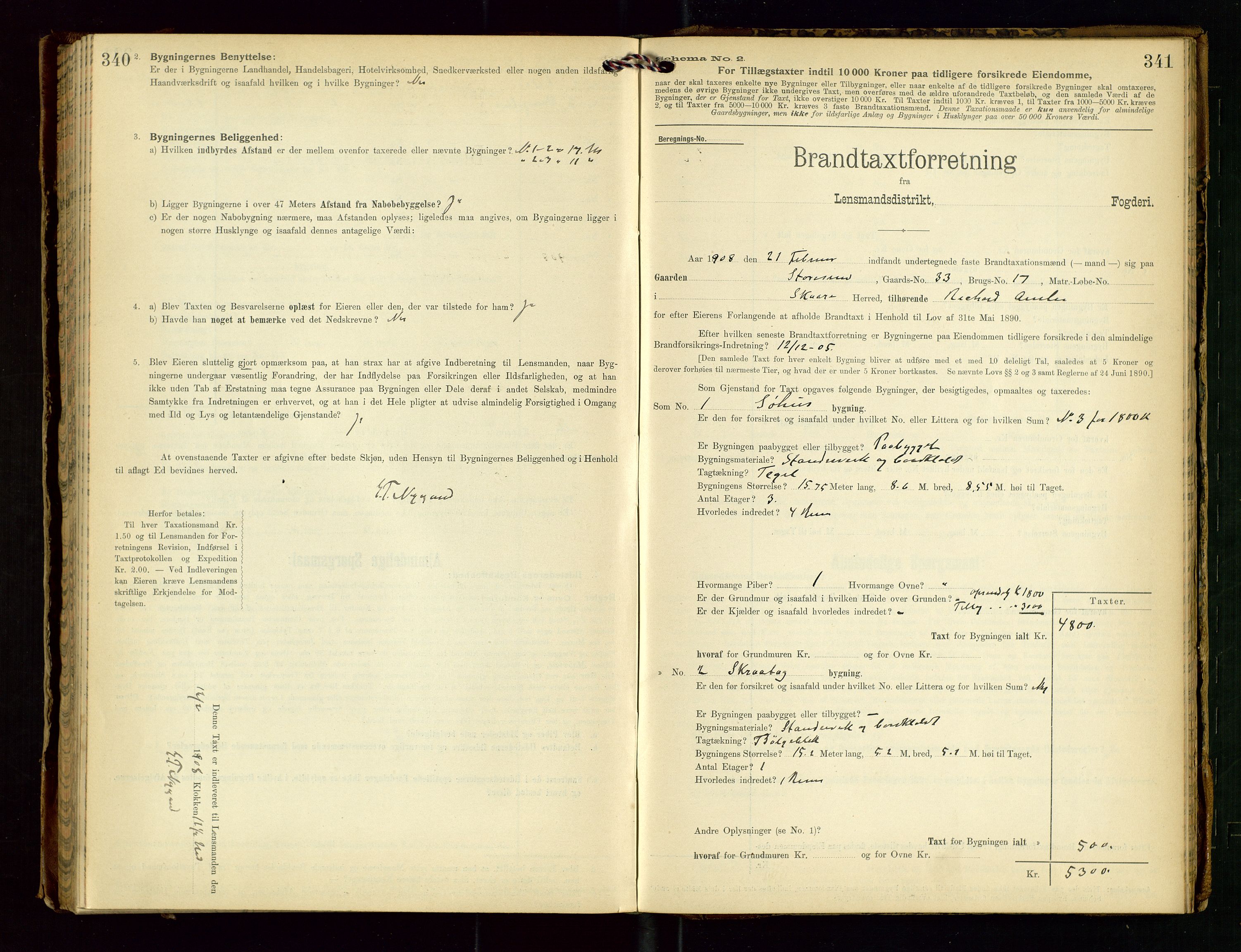Torvestad lensmannskontor, SAST/A-100307/1/Gob/L0003: "Brandtaxationsprotokol for Torvestad Lensmannsdistrikt", 1905-1909, p. 340-341
