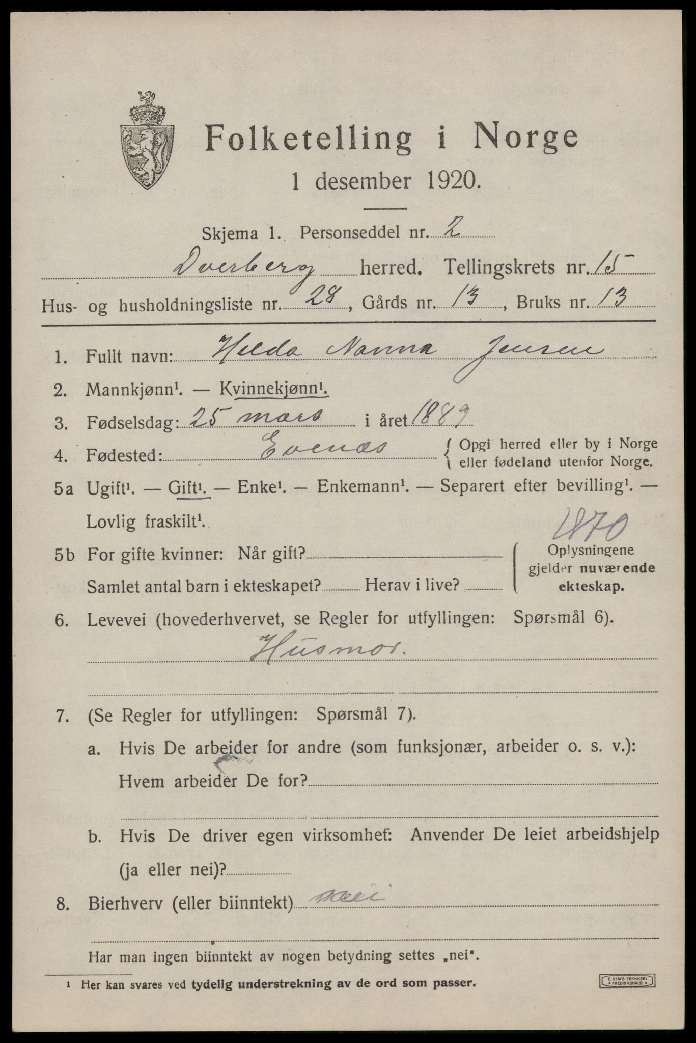 SAT, 1920 census for Dverberg, 1920, p. 11306