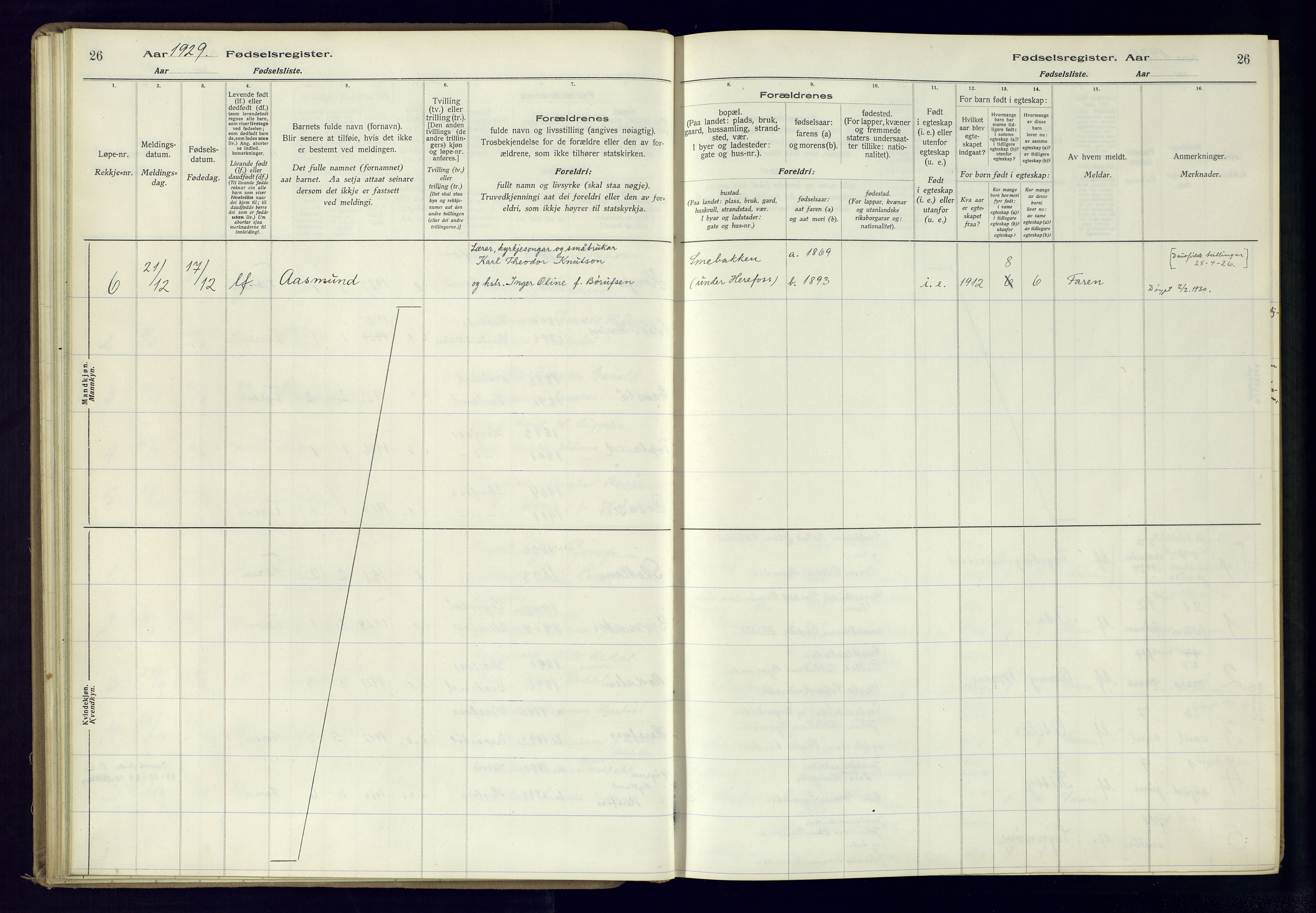 Herefoss sokneprestkontor, AV/SAK-1111-0019/J/Ja/L0001: Birth register no. II.6.10, 1916-1982, p. 26