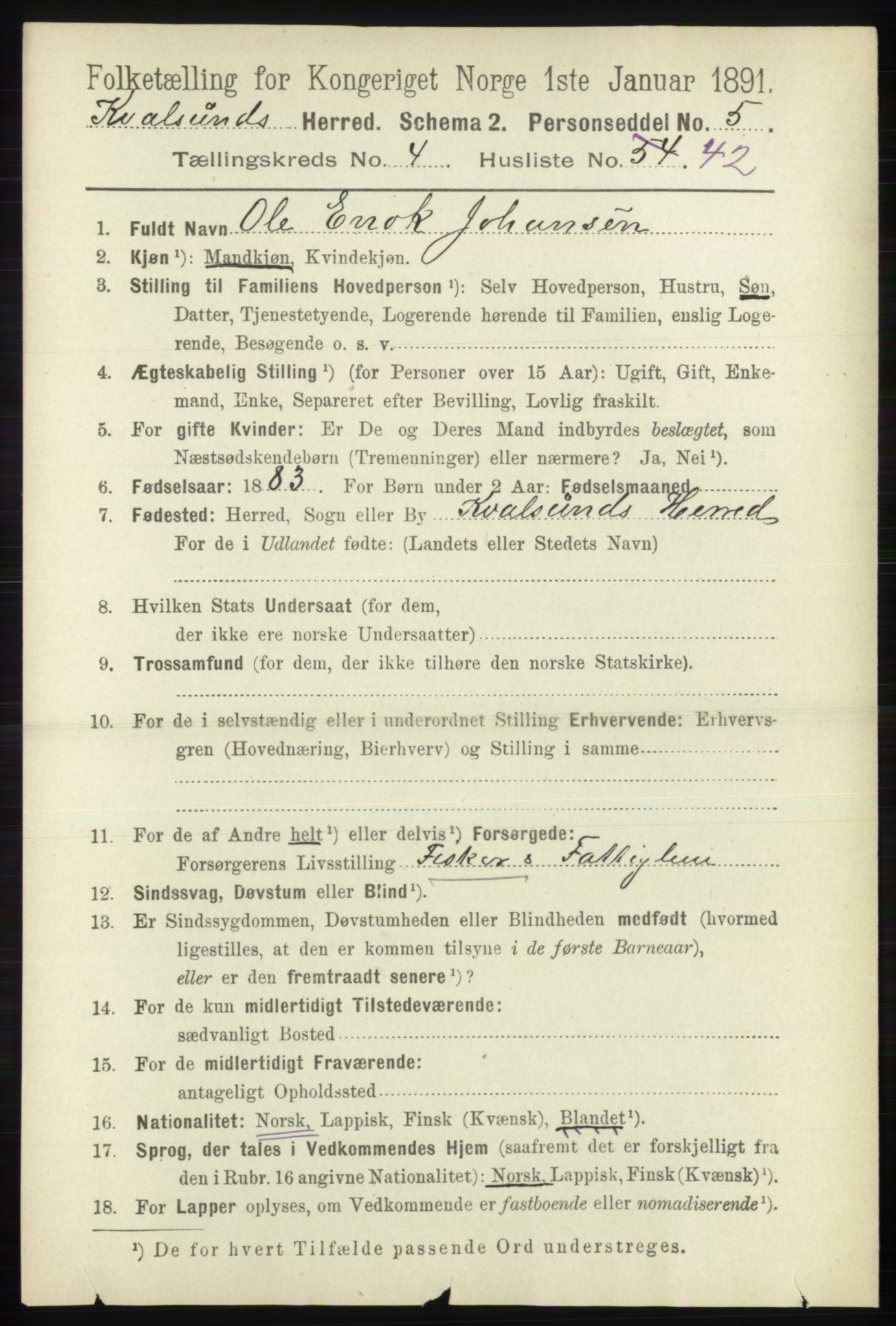 RA, 1891 census for 2017 Kvalsund, 1891, p. 448