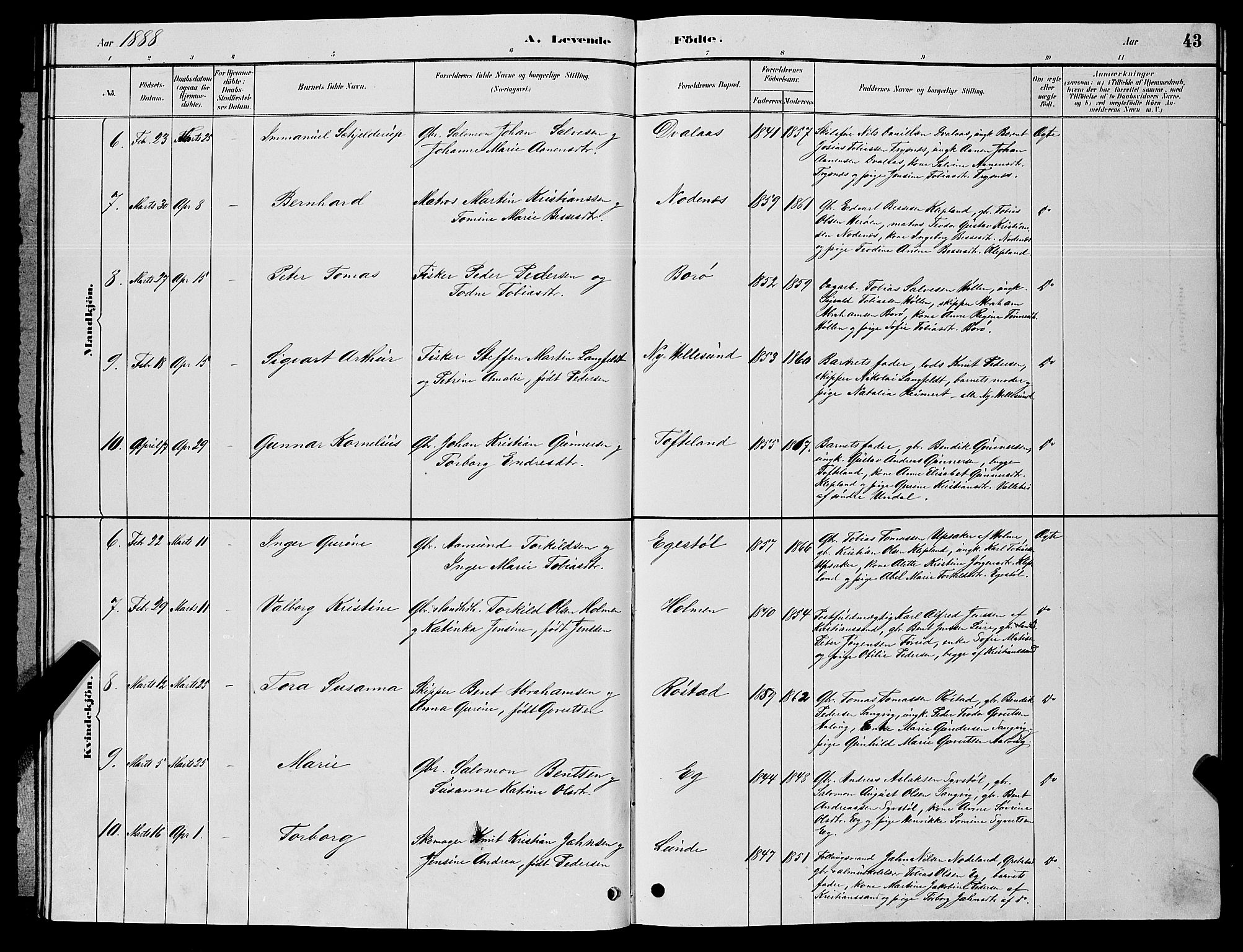 Søgne sokneprestkontor, SAK/1111-0037/F/Fb/Fbb/L0005: Parish register (copy) no. B 5, 1884-1891, p. 43