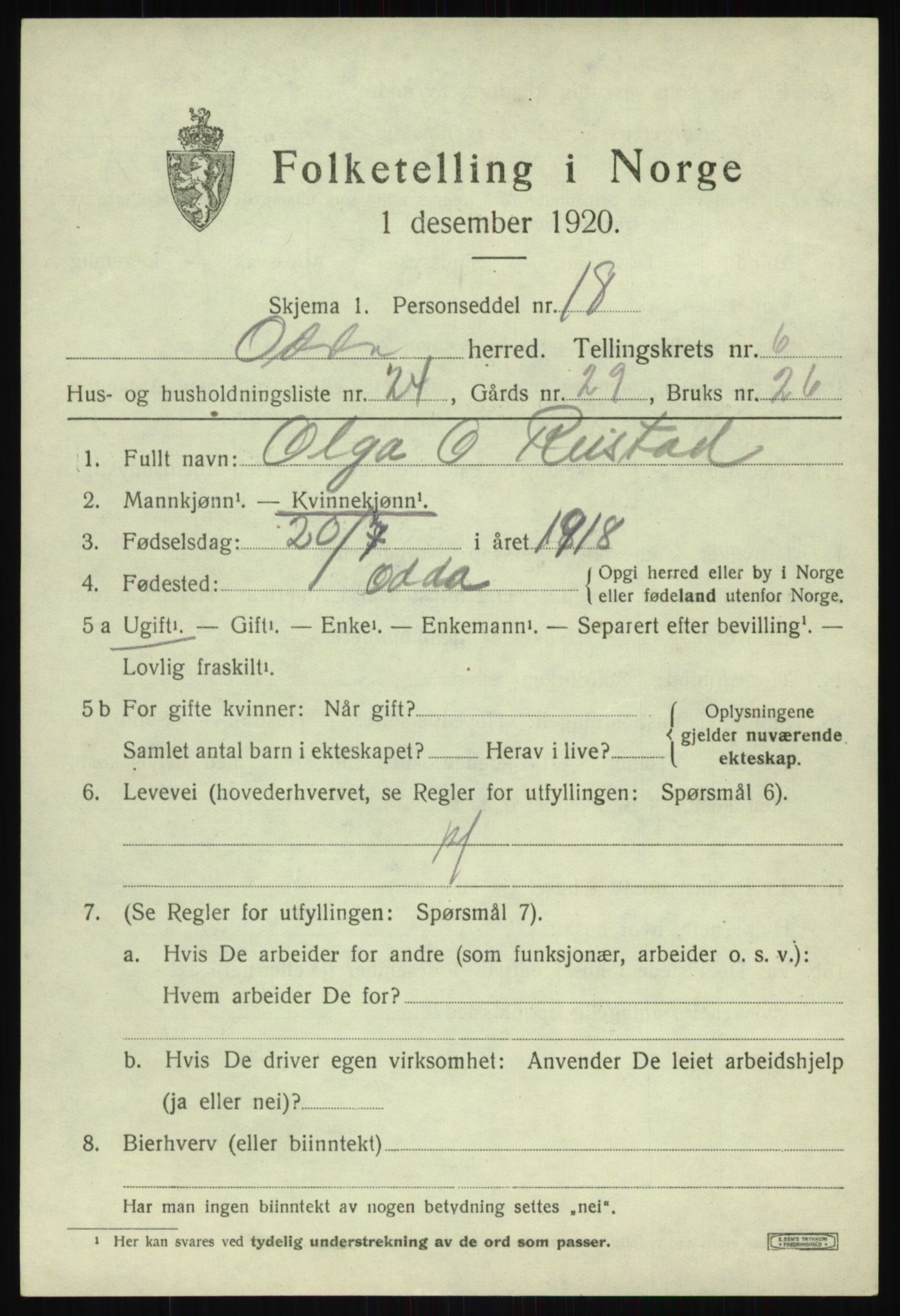 SAB, 1920 census for Odda, 1920, p. 4719