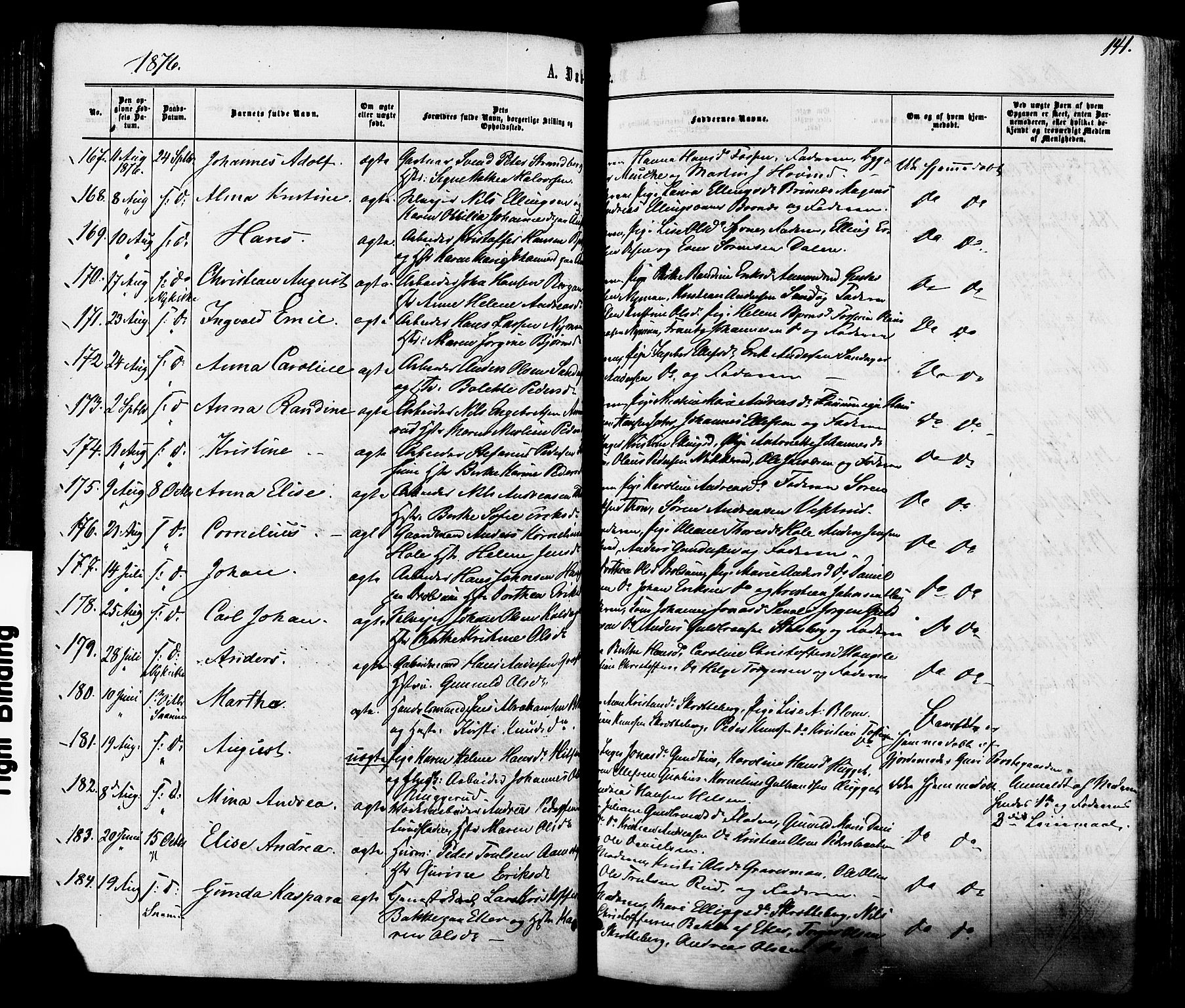 Modum kirkebøker, SAKO/A-234/F/Fa/L0010: Parish register (official) no. 10, 1865-1876, p. 141
