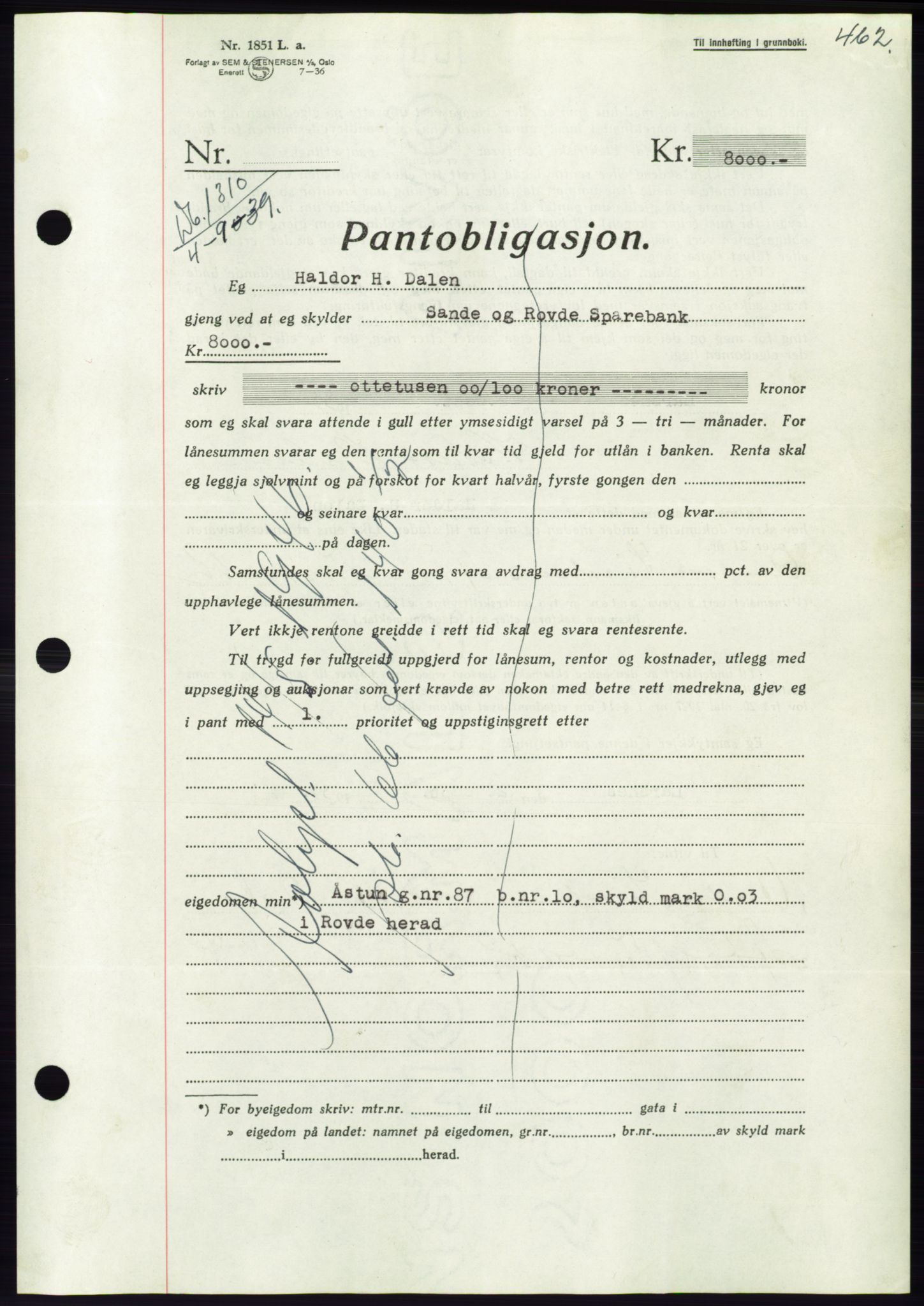 Søre Sunnmøre sorenskriveri, AV/SAT-A-4122/1/2/2C/L0068: Mortgage book no. 62, 1939-1939, Diary no: : 1310/1939