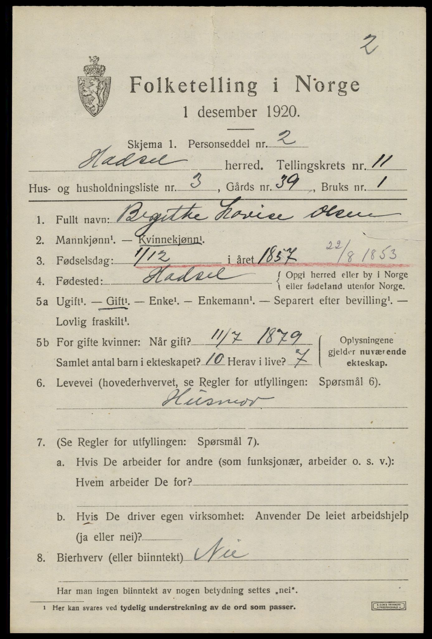 SAT, 1920 census for Hadsel, 1920, p. 8712