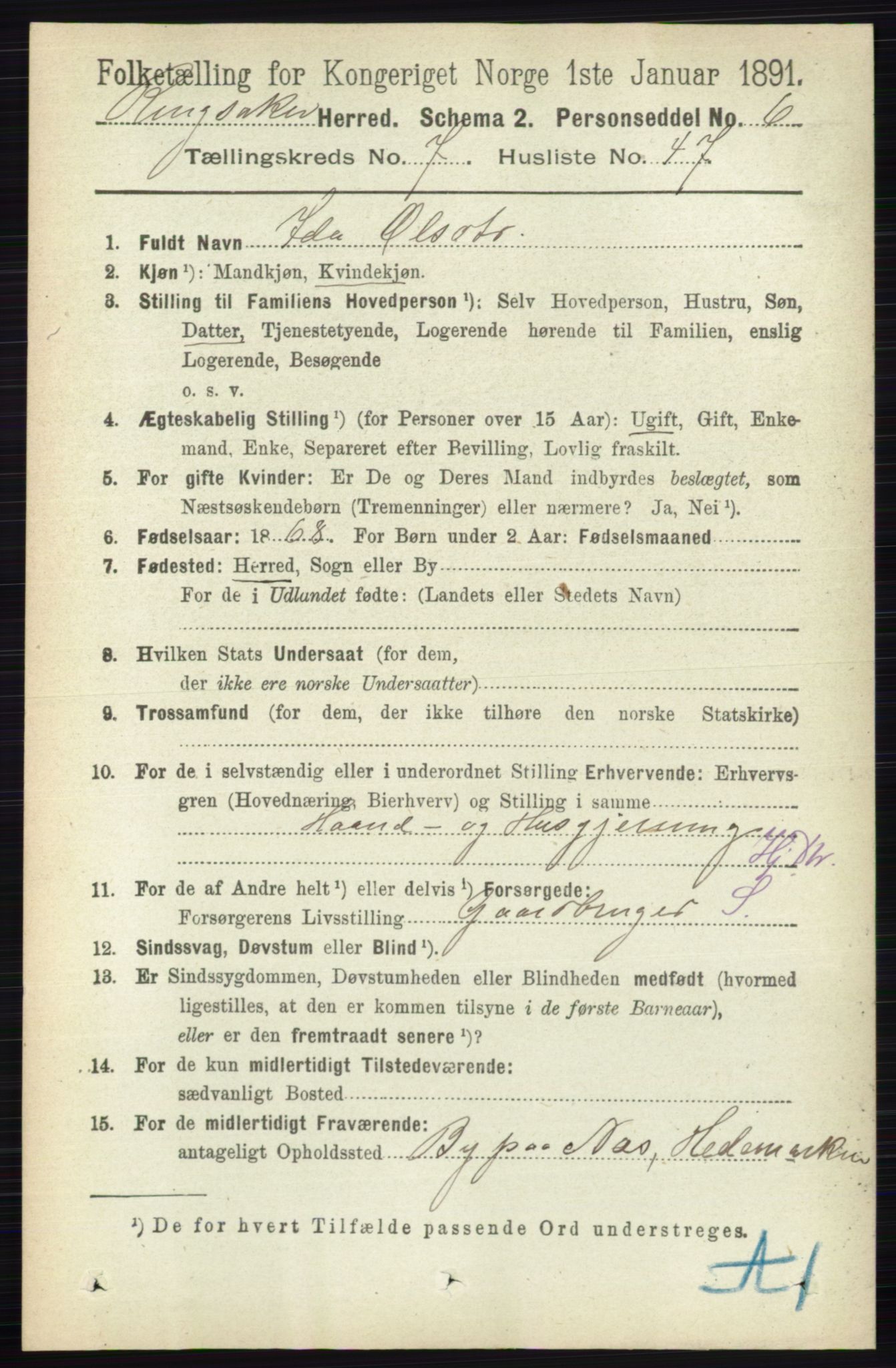 RA, 1891 census for 0412 Ringsaker, 1891, p. 4216