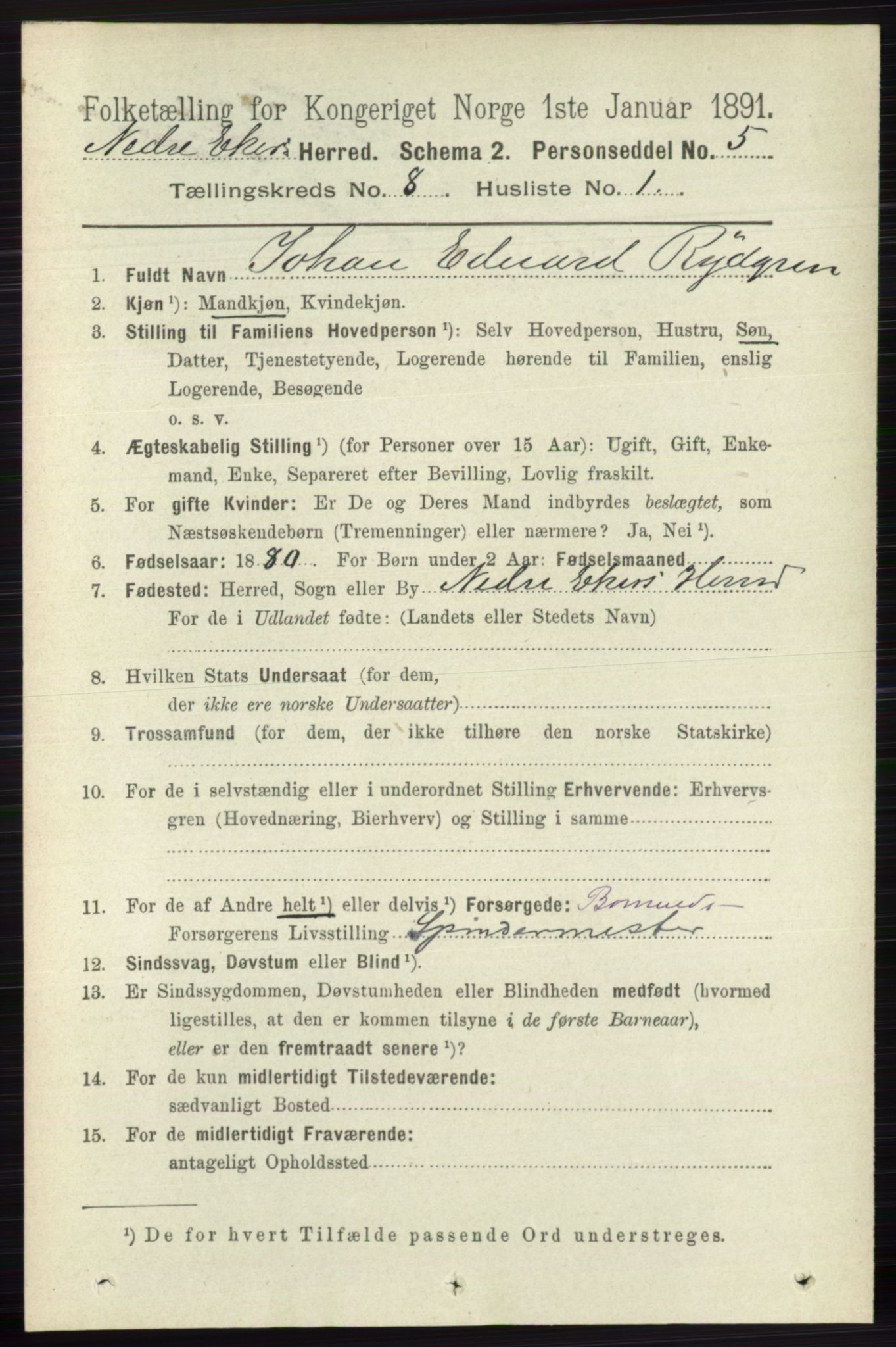 RA, 1891 census for 0625 Nedre Eiker, 1891, p. 3957