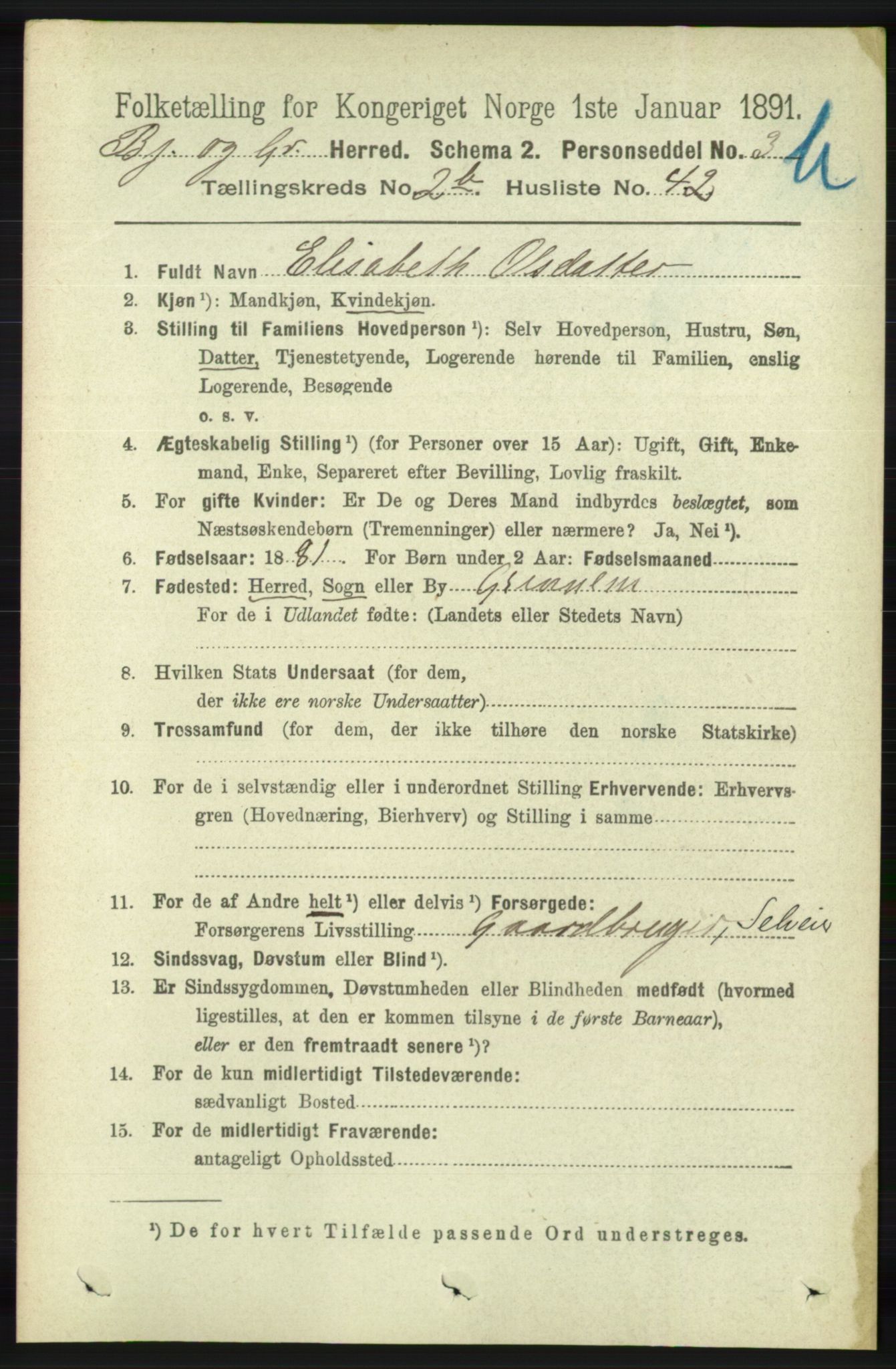 RA, 1891 census for 1024 Bjelland og Grindheim, 1891, p. 560