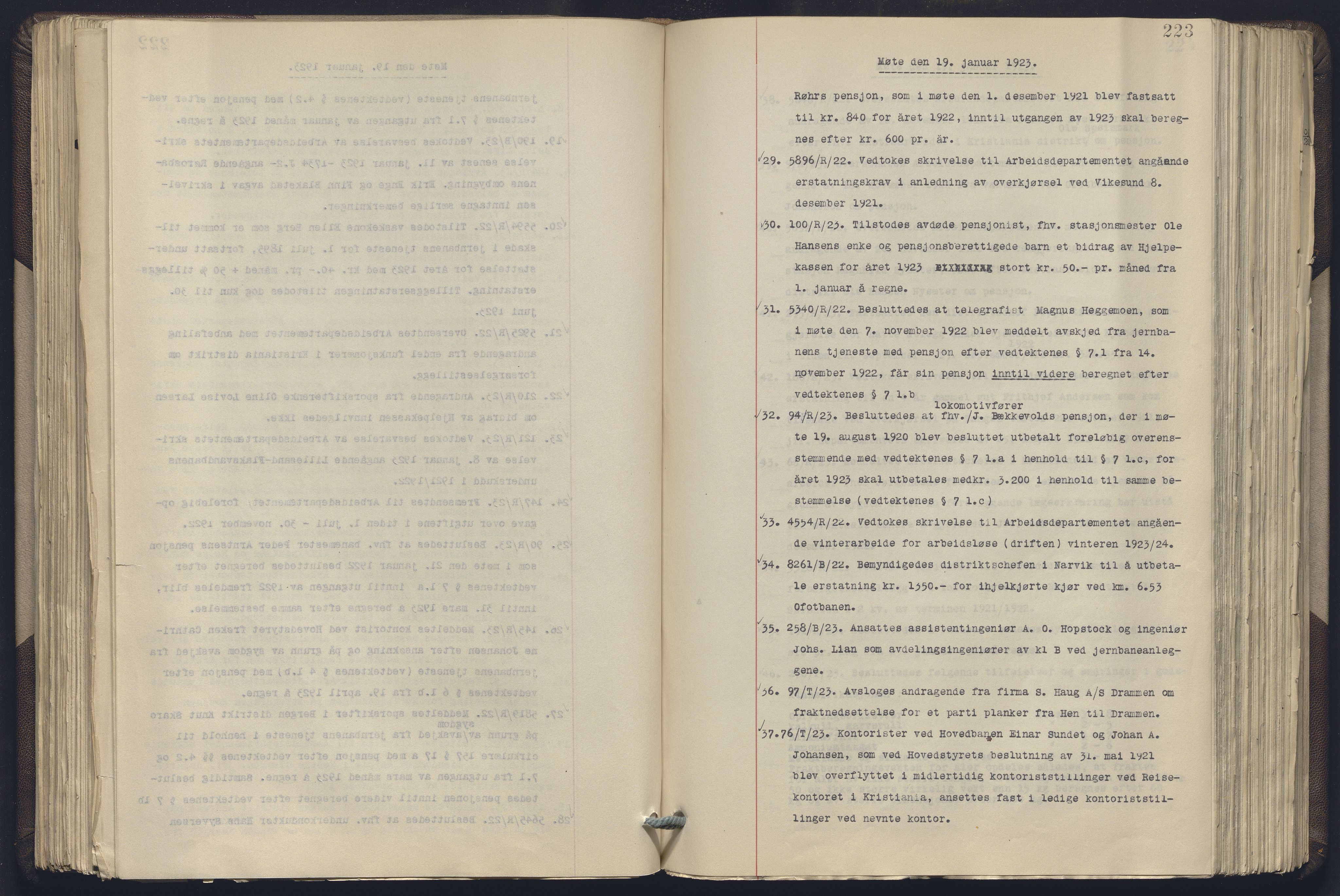 Norges statsbaner, Administrasjons- økonomi- og personalavdelingen, AV/RA-S-3412/A/Aa/L0019: Forhandlingsprotokoll, 1922-1924, p. 223