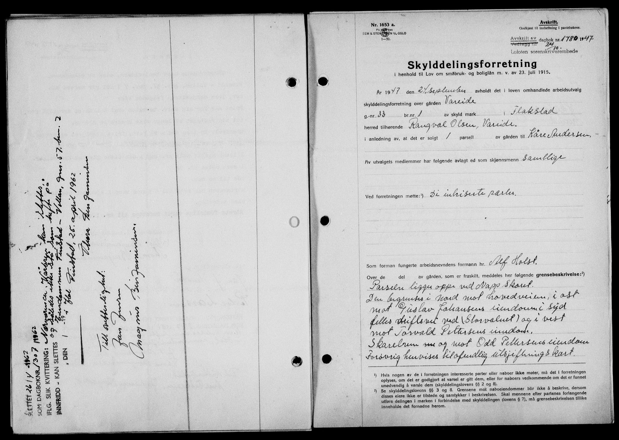 Lofoten sorenskriveri, SAT/A-0017/1/2/2C/L0017a: Mortgage book no. 17a, 1947-1948, Diary no: : 1780/1947
