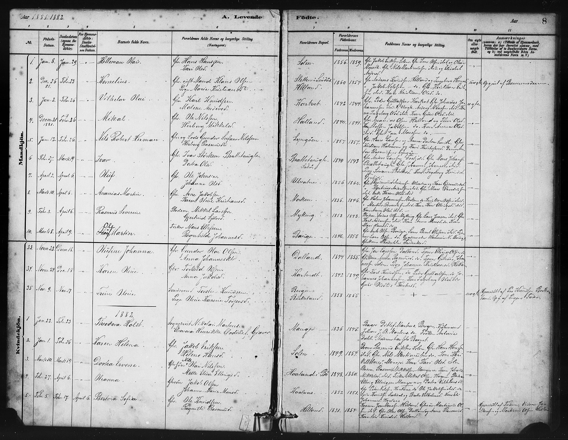 Manger sokneprestembete, SAB/A-76801/H/Haa: Parish register (official) no. B 1, 1881-1892, p. 8