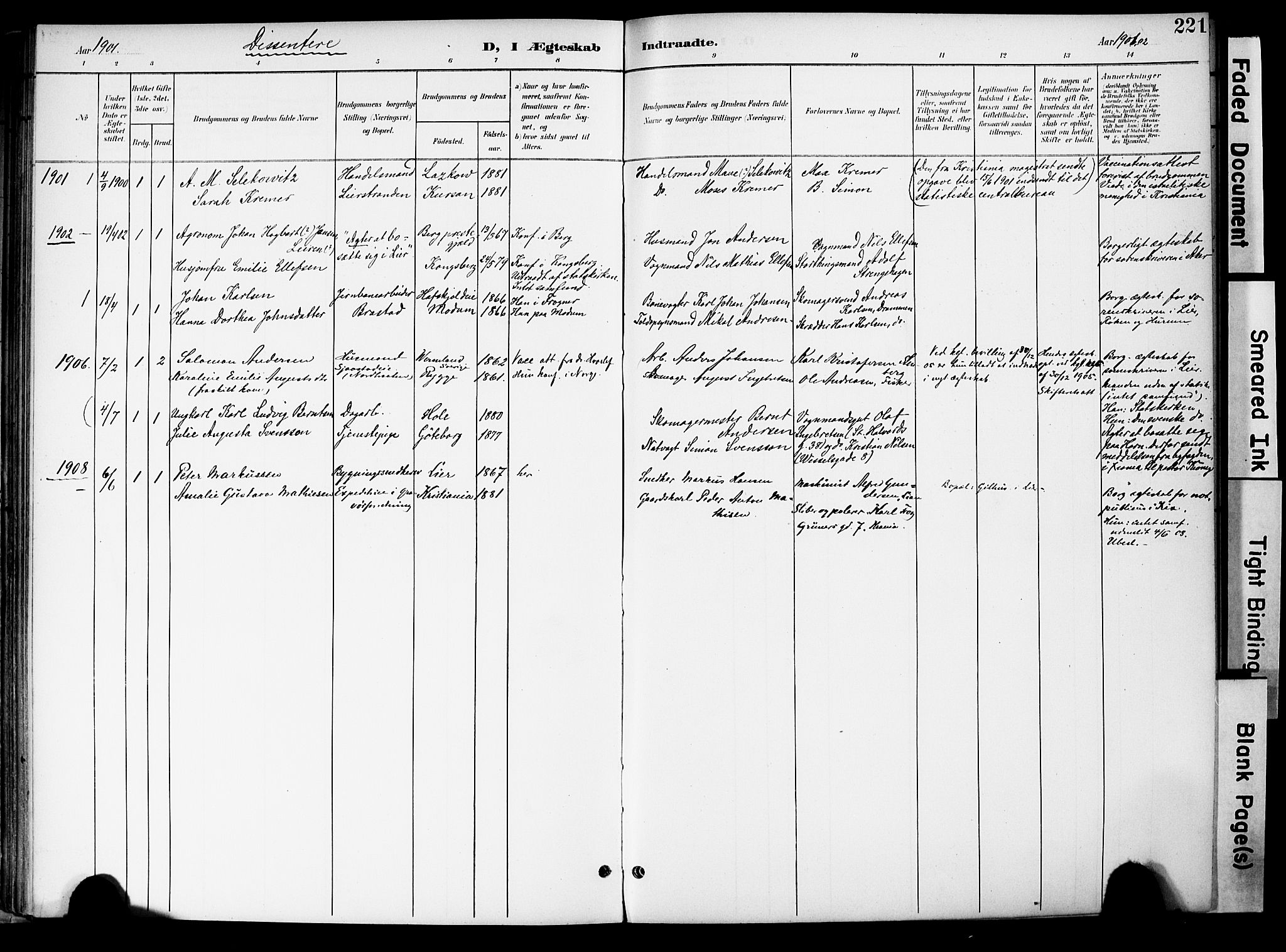 Lier kirkebøker, AV/SAKO-A-230/F/Fa/L0017: Parish register (official) no. I 17, 1901-1908, p. 221