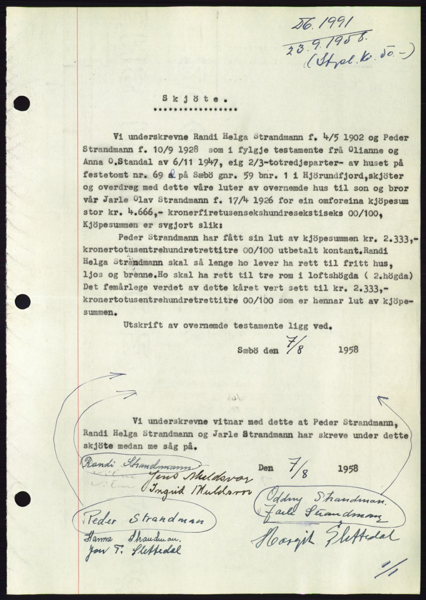 Søre Sunnmøre sorenskriveri, AV/SAT-A-4122/1/2/2C/L0110: Mortgage book no. 36A, 1958-1958, Diary no: : 1991/1958