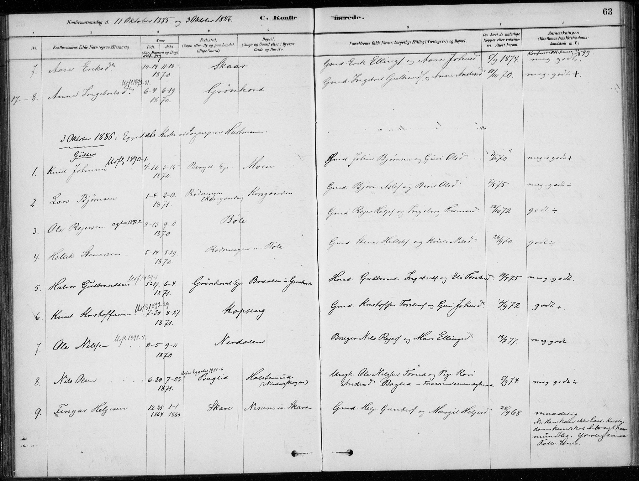 Sigdal kirkebøker, SAKO/A-245/F/Fc/L0001: Parish register (official) no. III 1, 1879-1893, p. 63