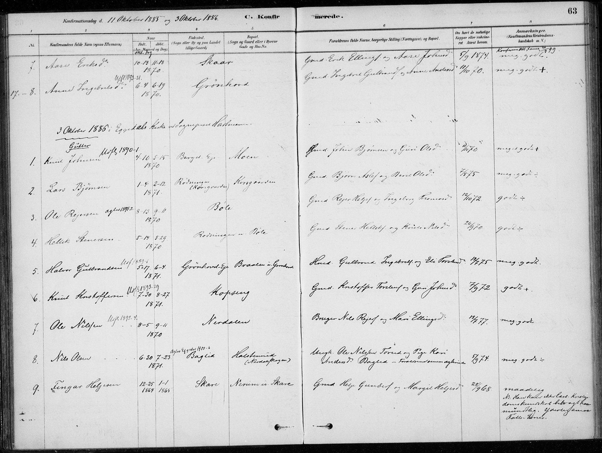 Sigdal kirkebøker, AV/SAKO-A-245/F/Fc/L0001: Parish register (official) no. III 1, 1879-1893, p. 63