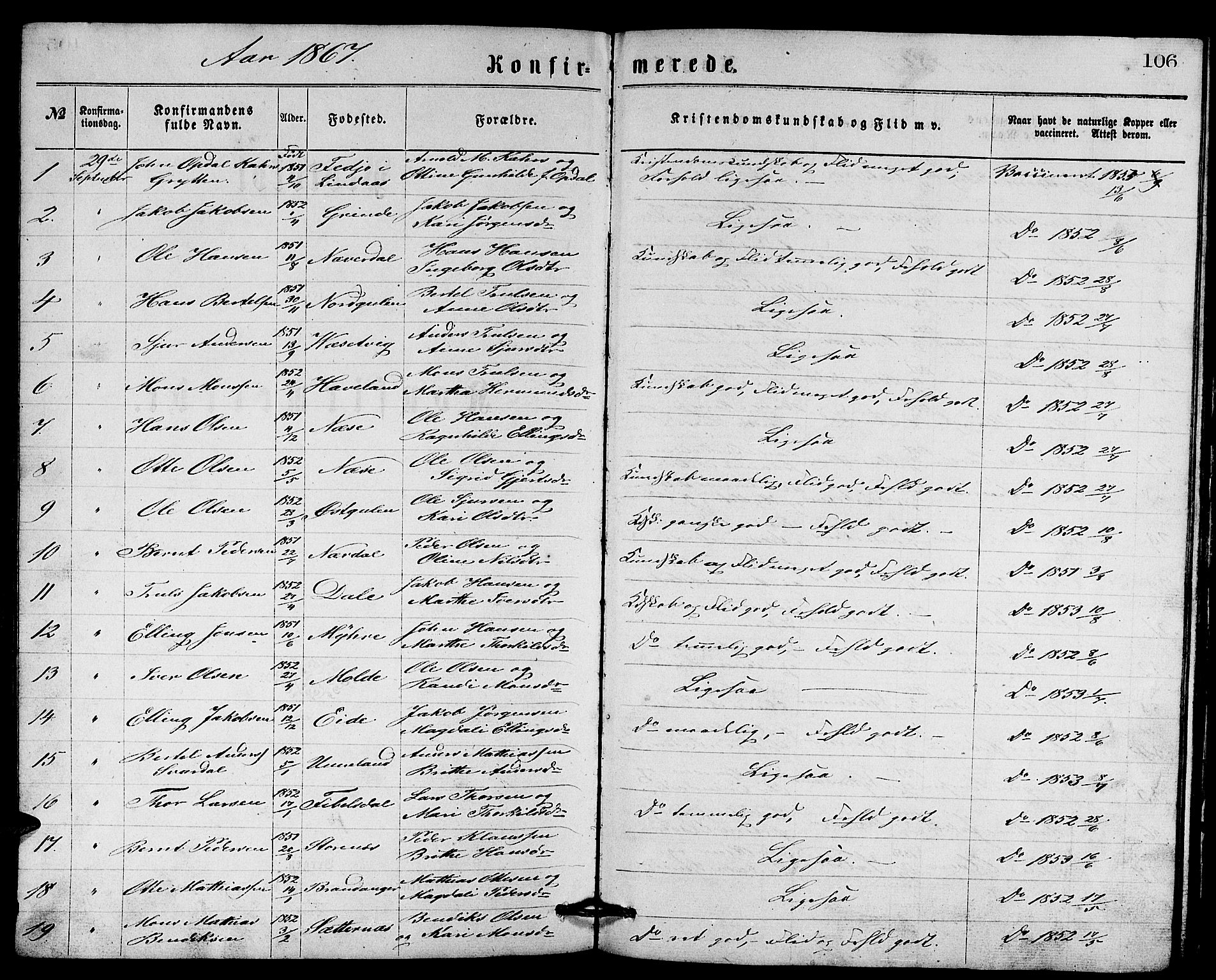 Gulen sokneprestembete, AV/SAB-A-80201/H/Hab/Habb/L0002: Parish register (copy) no. B 2, 1867-1883, p. 106