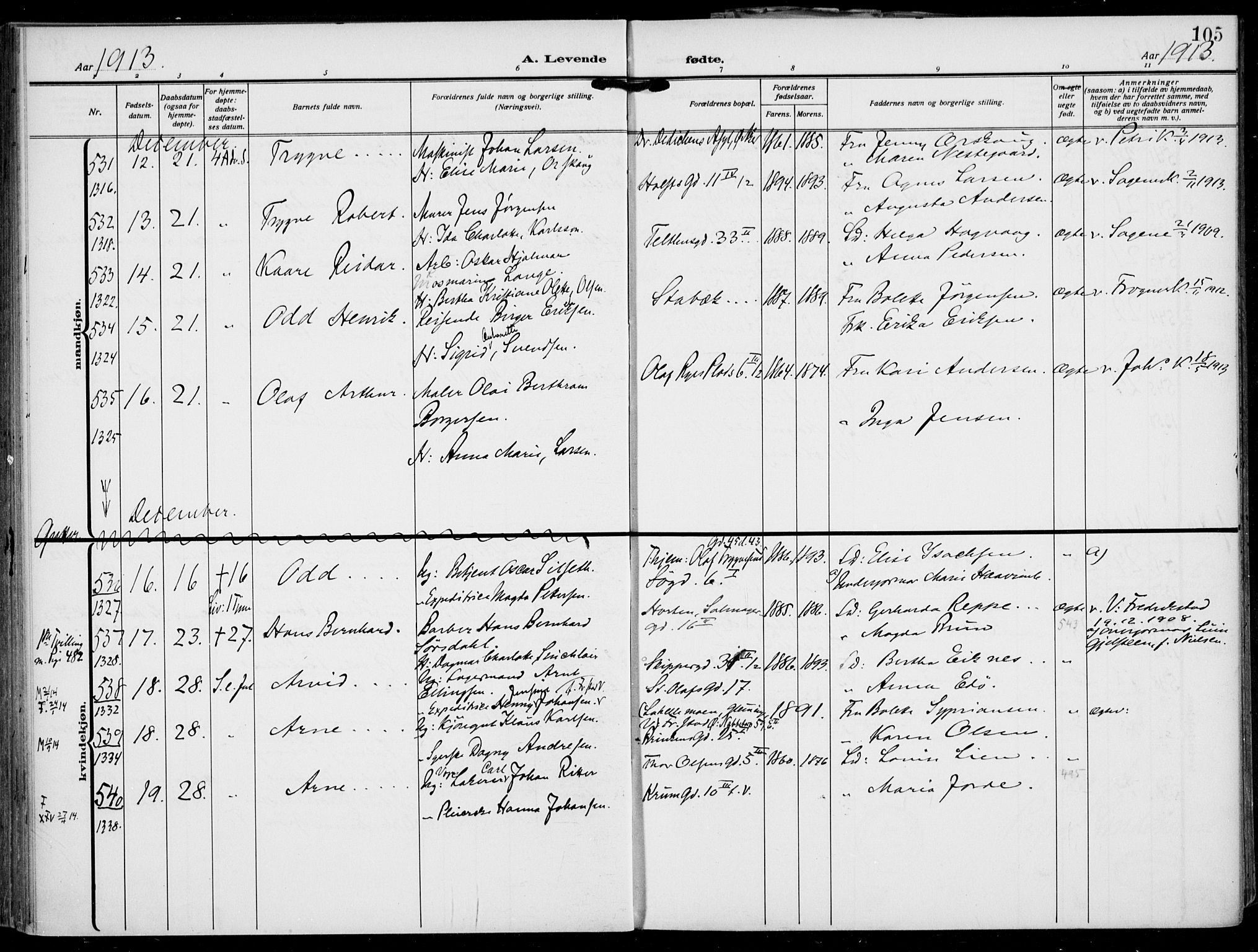 Rikshospitalet prestekontor Kirkebøker, SAO/A-10309b/F/L0015: Parish register (official) no. 15, 1913-1915, p. 105