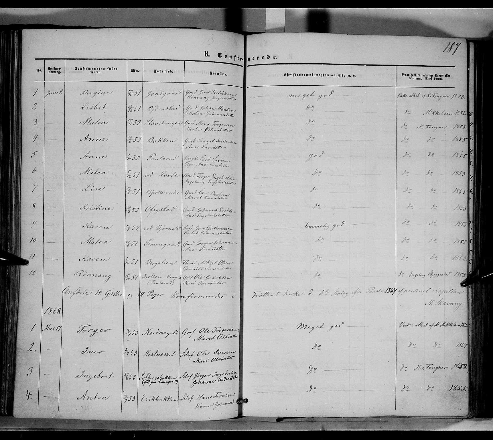 Øyer prestekontor, AV/SAH-PREST-084/H/Ha/Haa/L0006: Parish register (official) no. 6, 1858-1874, p. 187