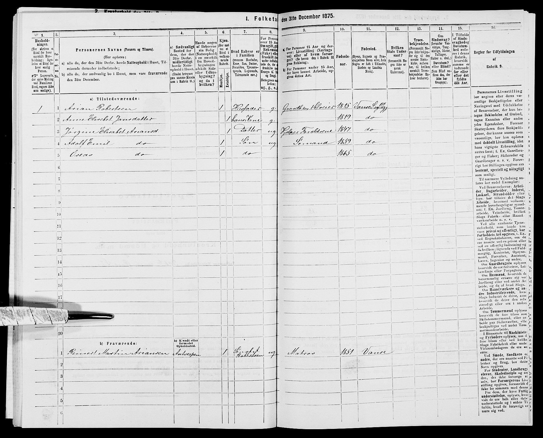 SAK, 1875 census for 1041L Vanse/Vanse og Farsund, 1875, p. 838