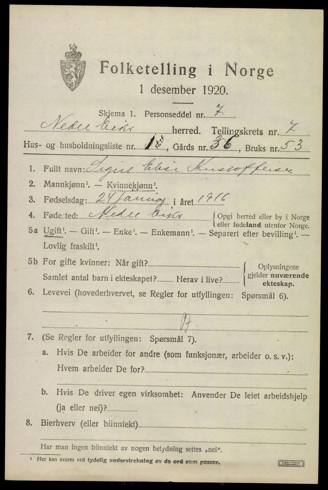 SAKO, 1920 census for Nedre Eiker, 1920, p. 7415