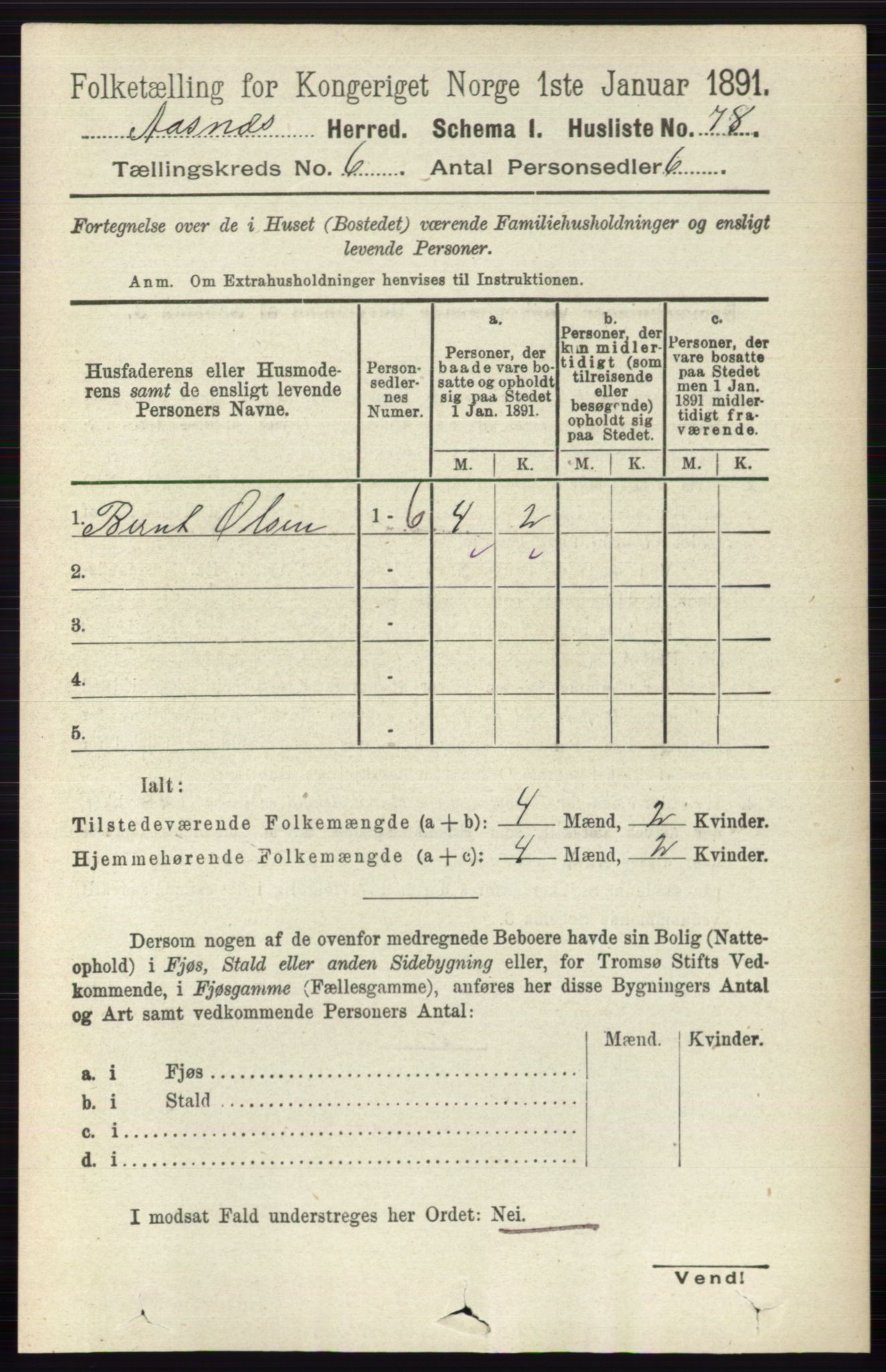 RA, 1891 census for 0425 Åsnes, 1891, p. 2788