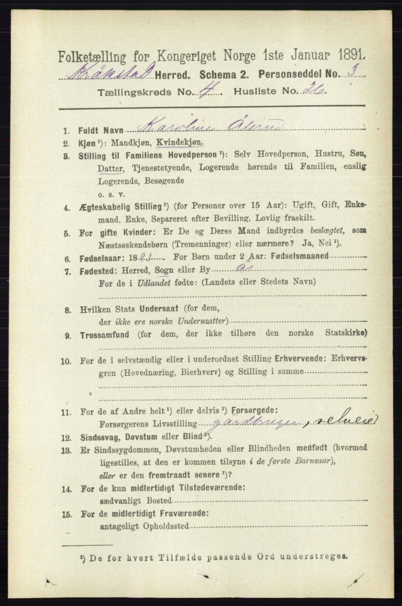 RA, 1891 census for 0212 Kråkstad, 1891, p. 1957