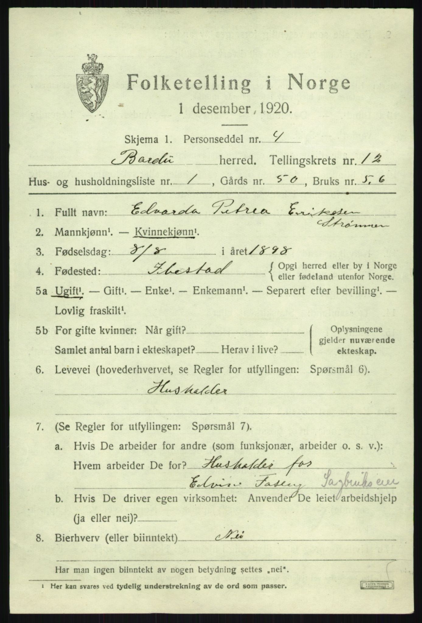 SATØ, 1920 census for Bardu, 1920, p. 3854