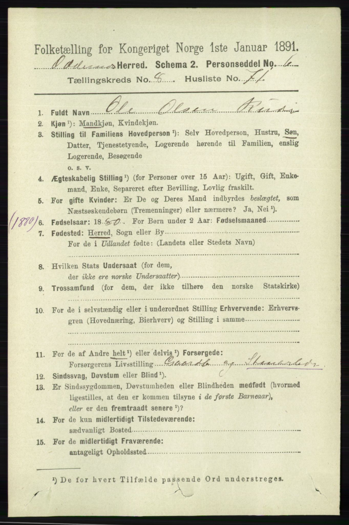 RA, 1891 census for 1012 Oddernes, 1891, p. 3175