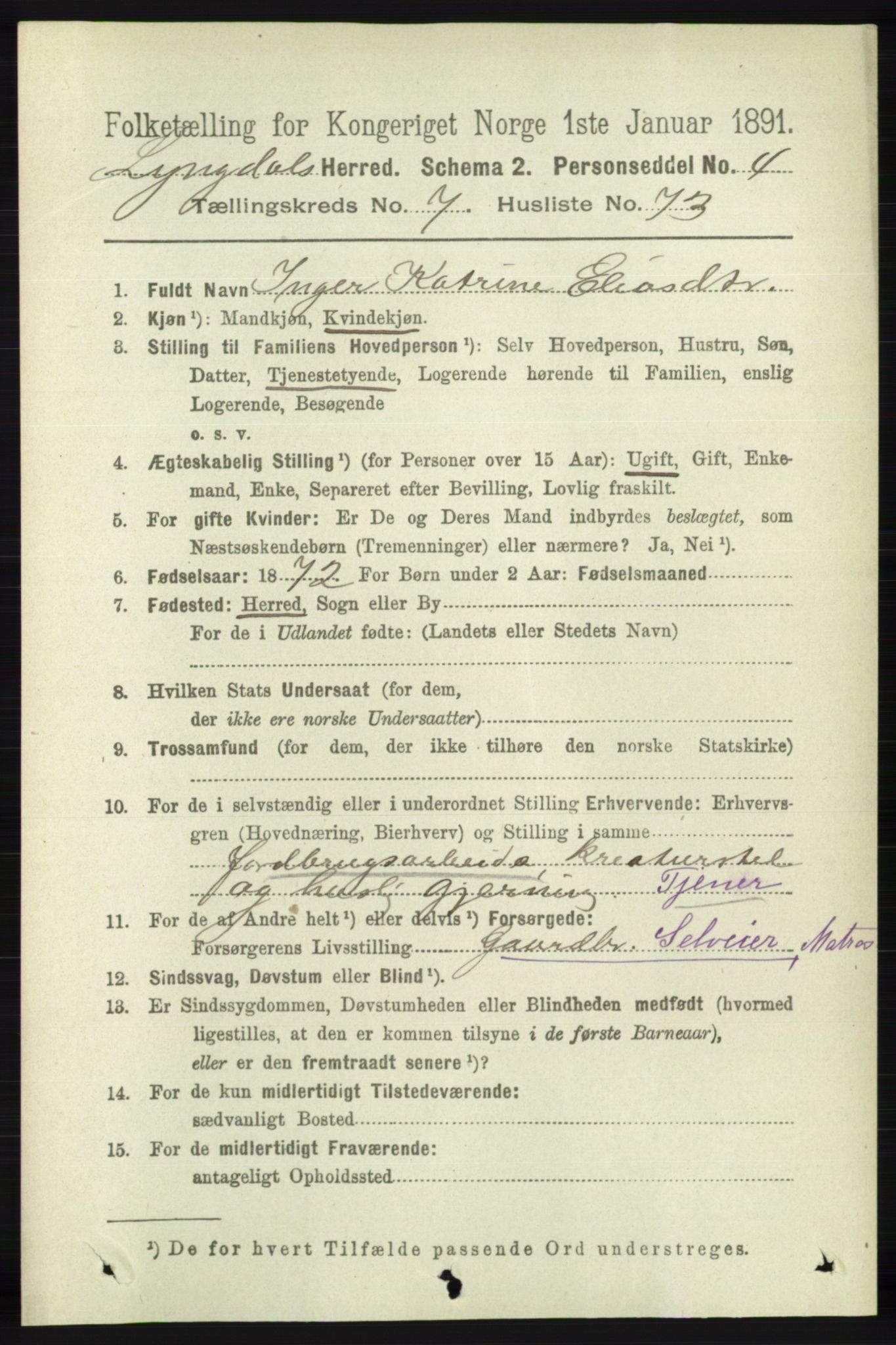 RA, 1891 census for 1032 Lyngdal, 1891, p. 3324