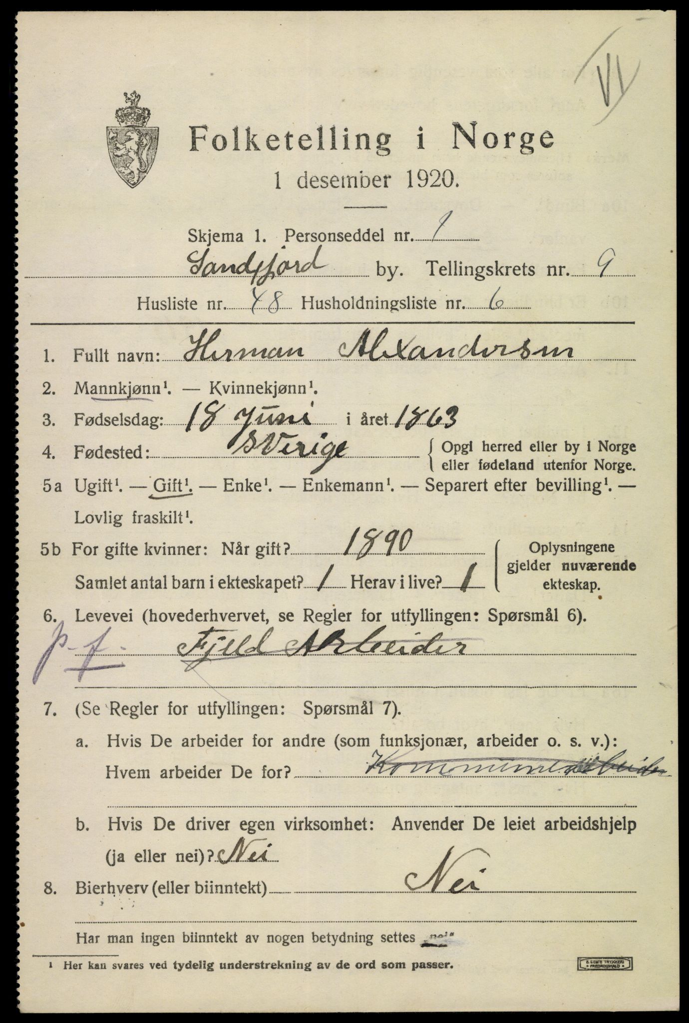 SAKO, 1920 census for Sandefjord, 1920, p. 13682