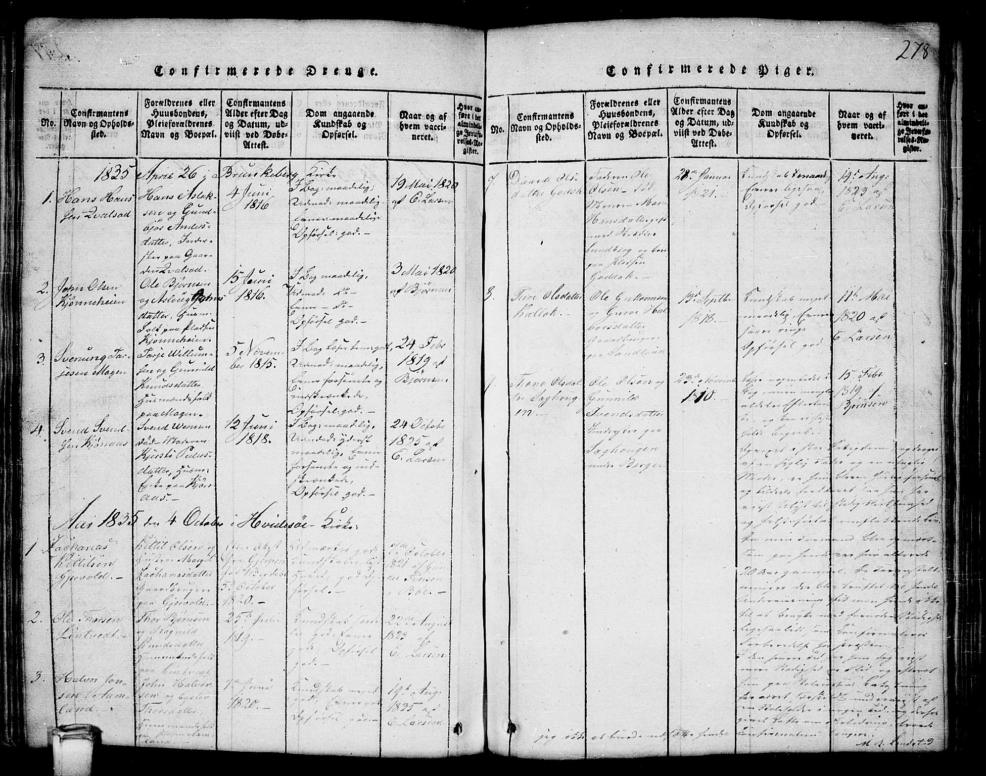 Kviteseid kirkebøker, AV/SAKO-A-276/G/Gb/L0001: Parish register (copy) no. II 1, 1815-1842, p. 278