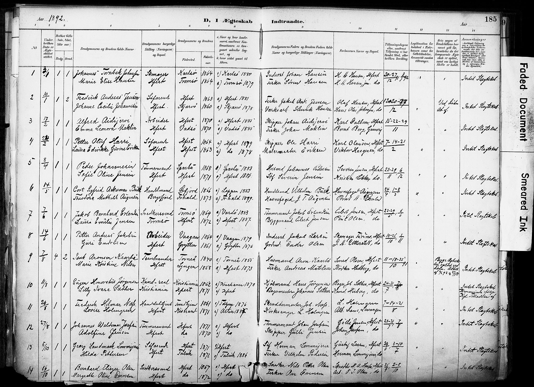Hammerfest sokneprestkontor, SATØ/S-1347/H/Ha/L0009.kirke: Parish register (official) no. 9, 1889-1897, p. 185