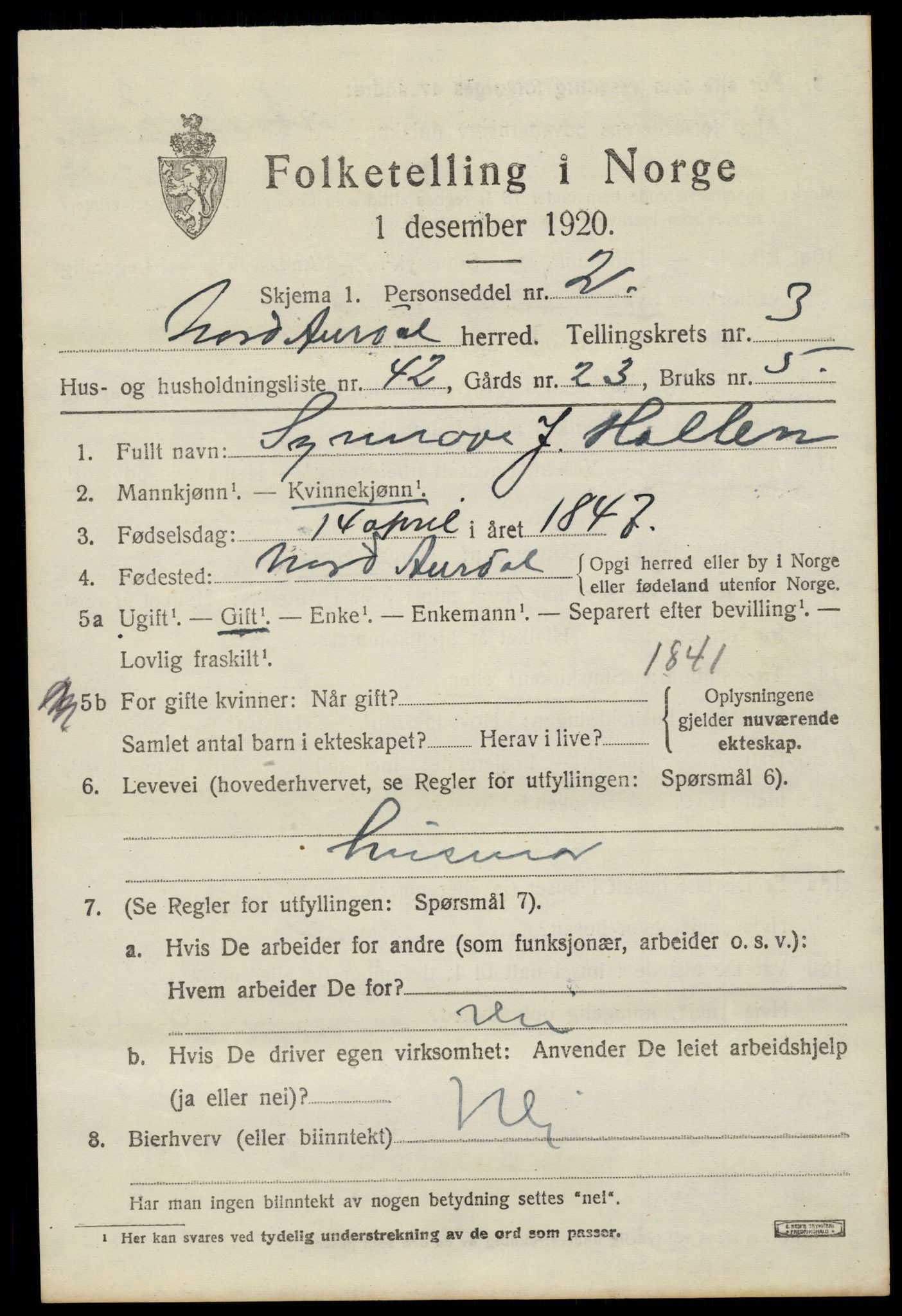 SAH, 1920 census for Nord-Aurdal, 1920, p. 3616