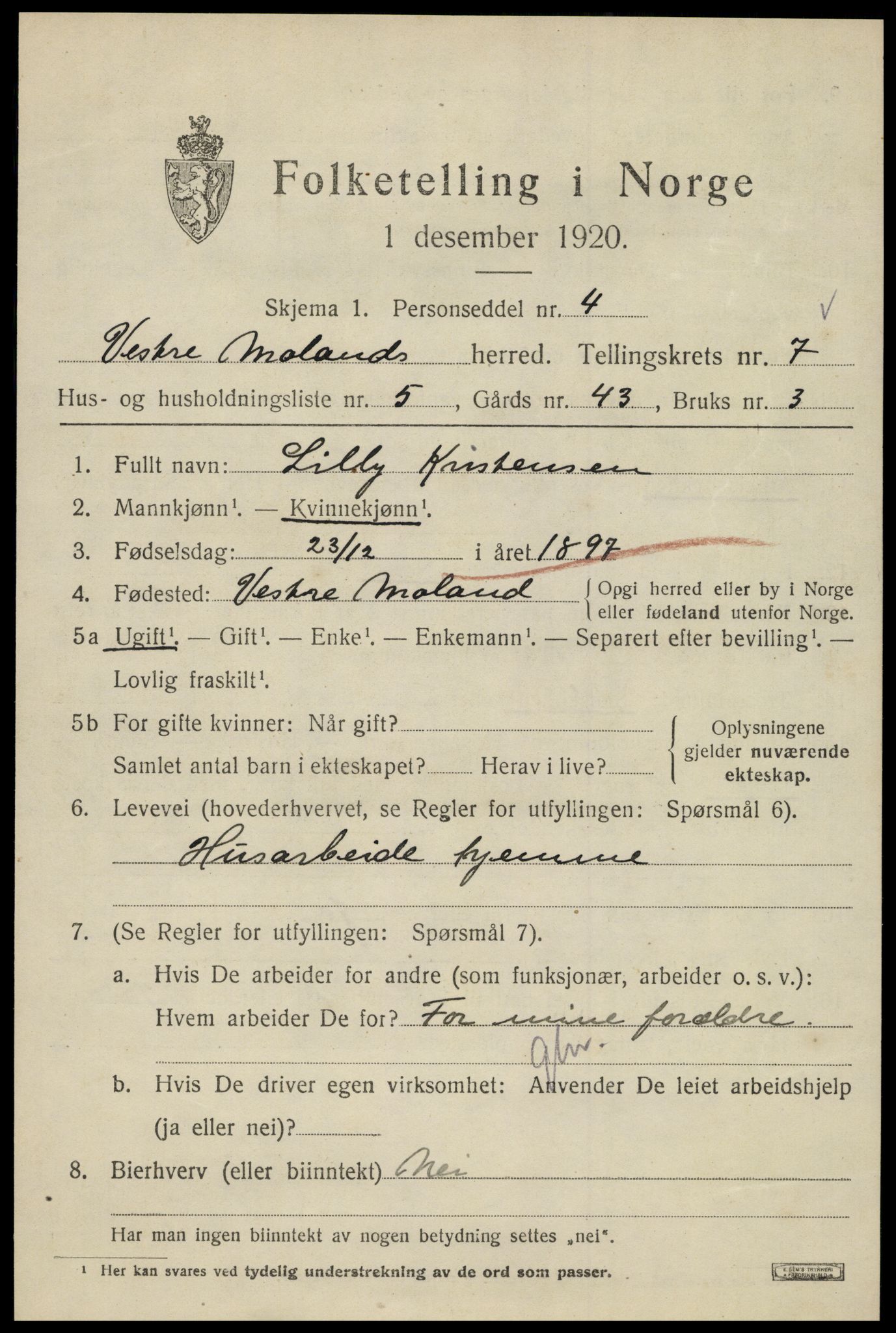 SAK, 1920 census for Vestre Moland, 1920, p. 4841