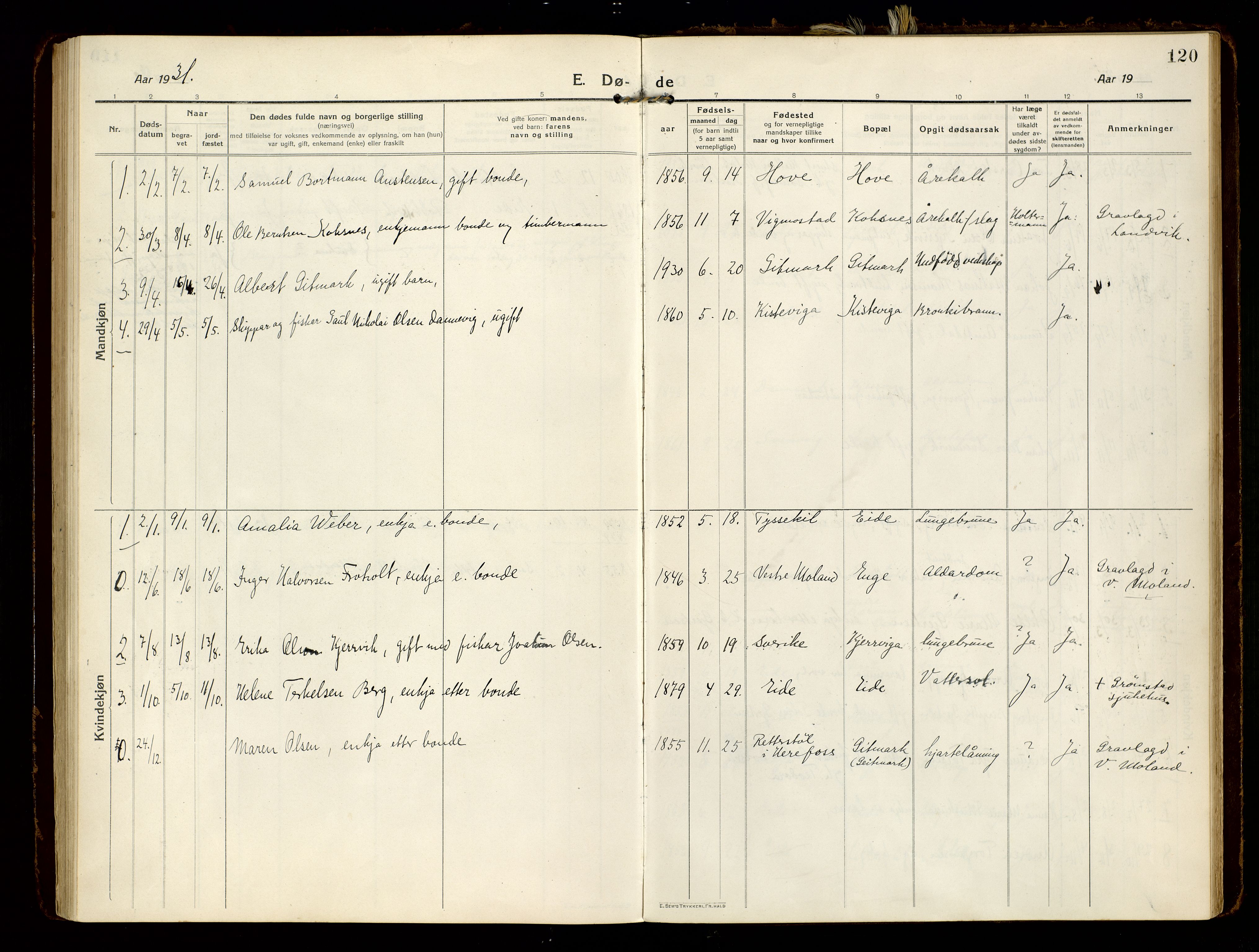 Hommedal sokneprestkontor, AV/SAK-1111-0023/F/Fa/Faa/L0004: Parish register (official) no. A 4, 1916-1945, p. 120