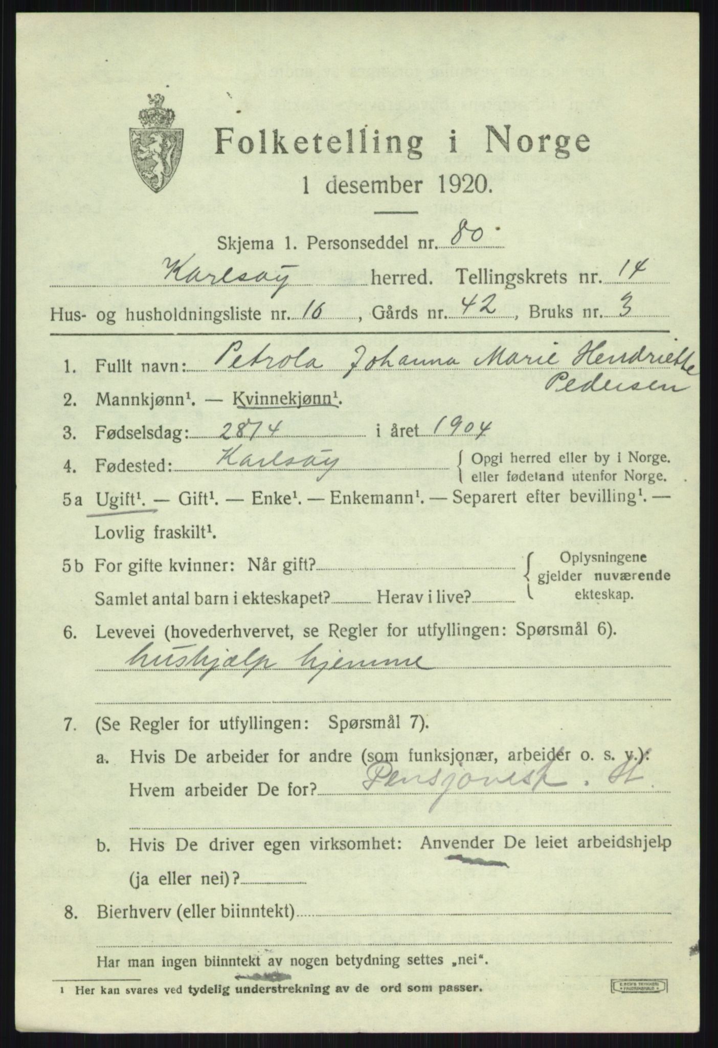 SATØ, 1920 census for Karlsøy, 1920, p. 5255
