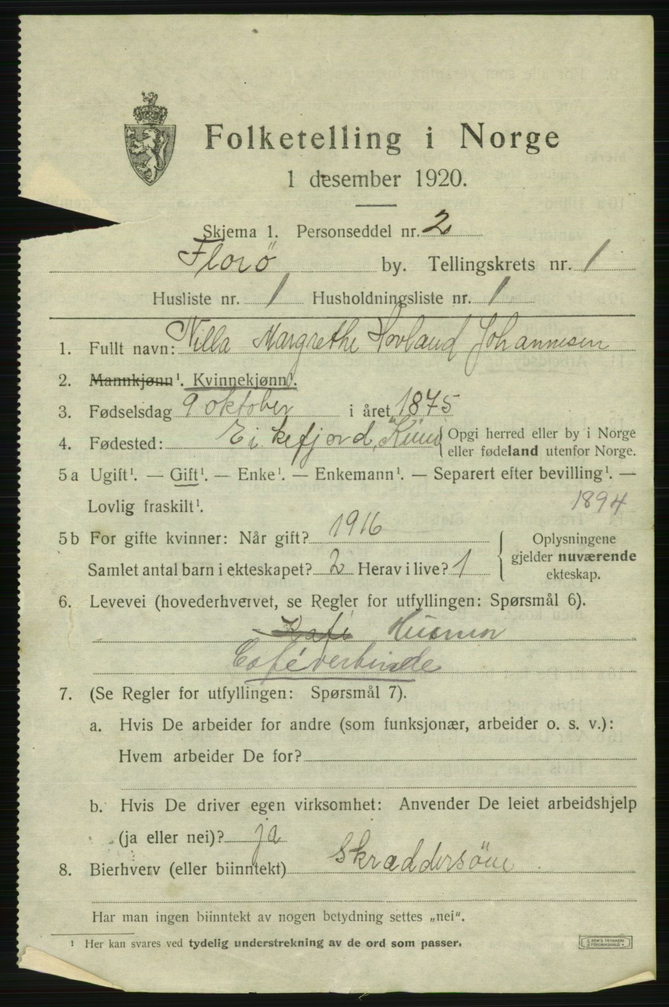 SAB, 1920 census for Florø, 1920, p. 1066