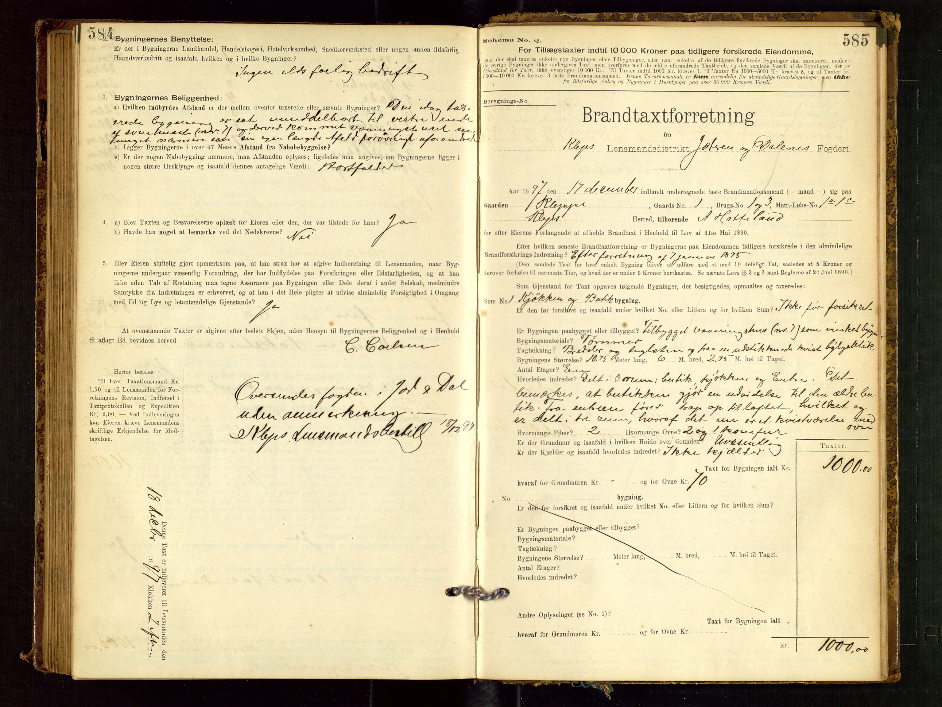 Klepp lensmannskontor, AV/SAST-A-100163/Goc/L0001: "Brandtaxationsprotokol" m/register, 1895-1898, p. 584-585